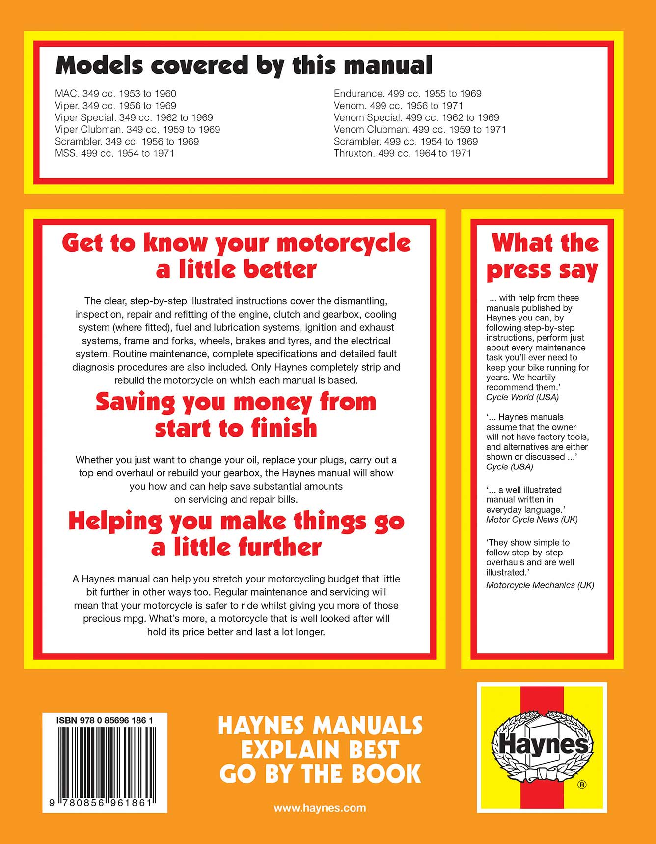 Velocette Singles (1953-1969) Haynes Repair Manual Printed Book Back Cover