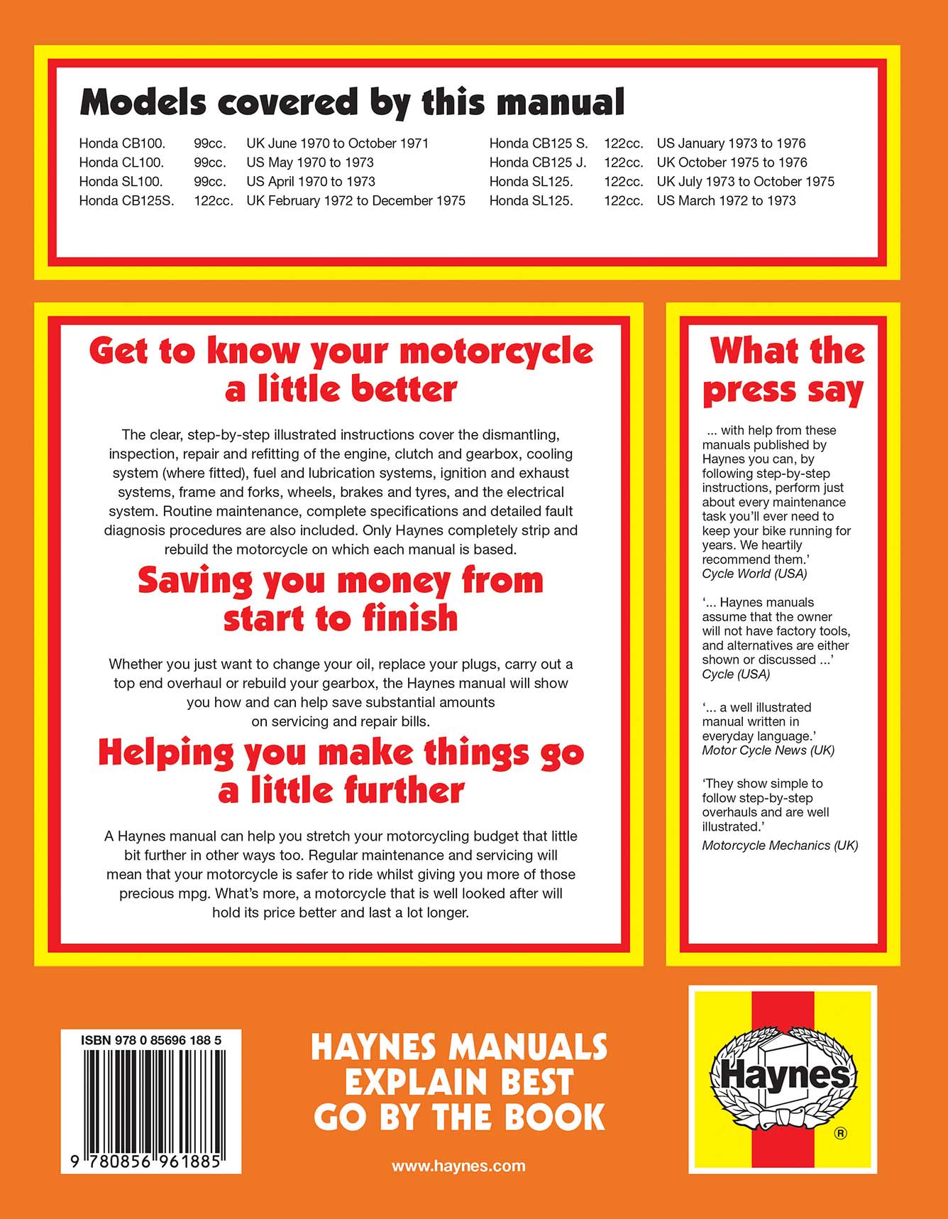 Honda CB-CL100 & 125 (1970-1976) Haynes Repair Manual Printed Book Back Cover