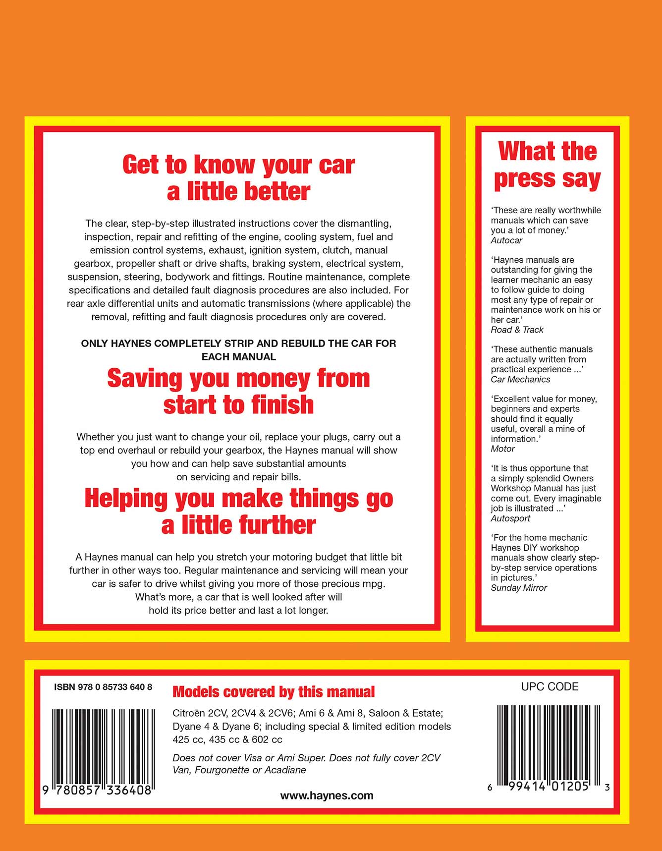 Citroen 2CV, Ami & Dyane (1967-1990) Haynes Repair Manual Printed Book Back Cover