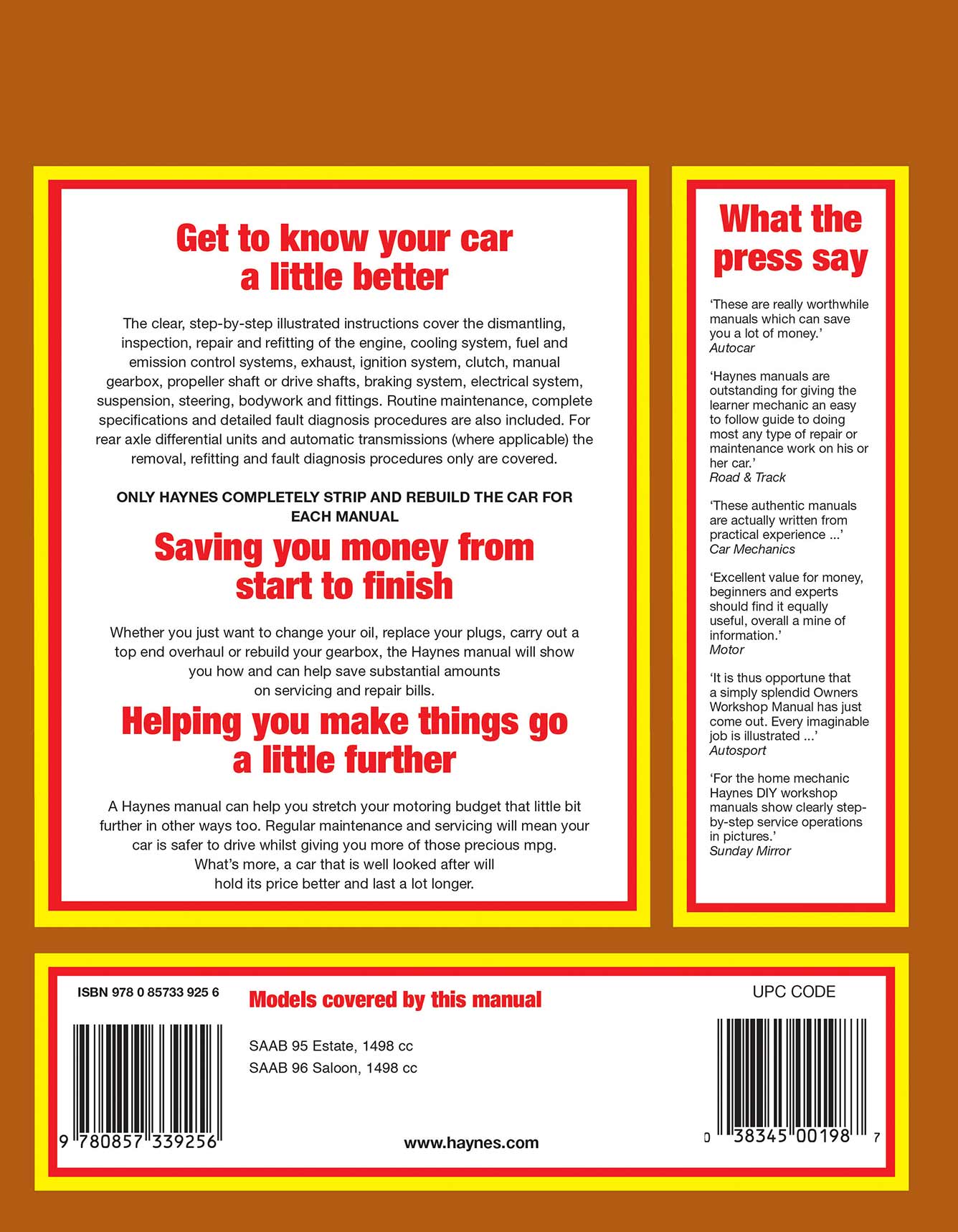 Saab 95 & 96 Petrol (1966-1976) Haynes Repair Manual Printed Book Back Cover