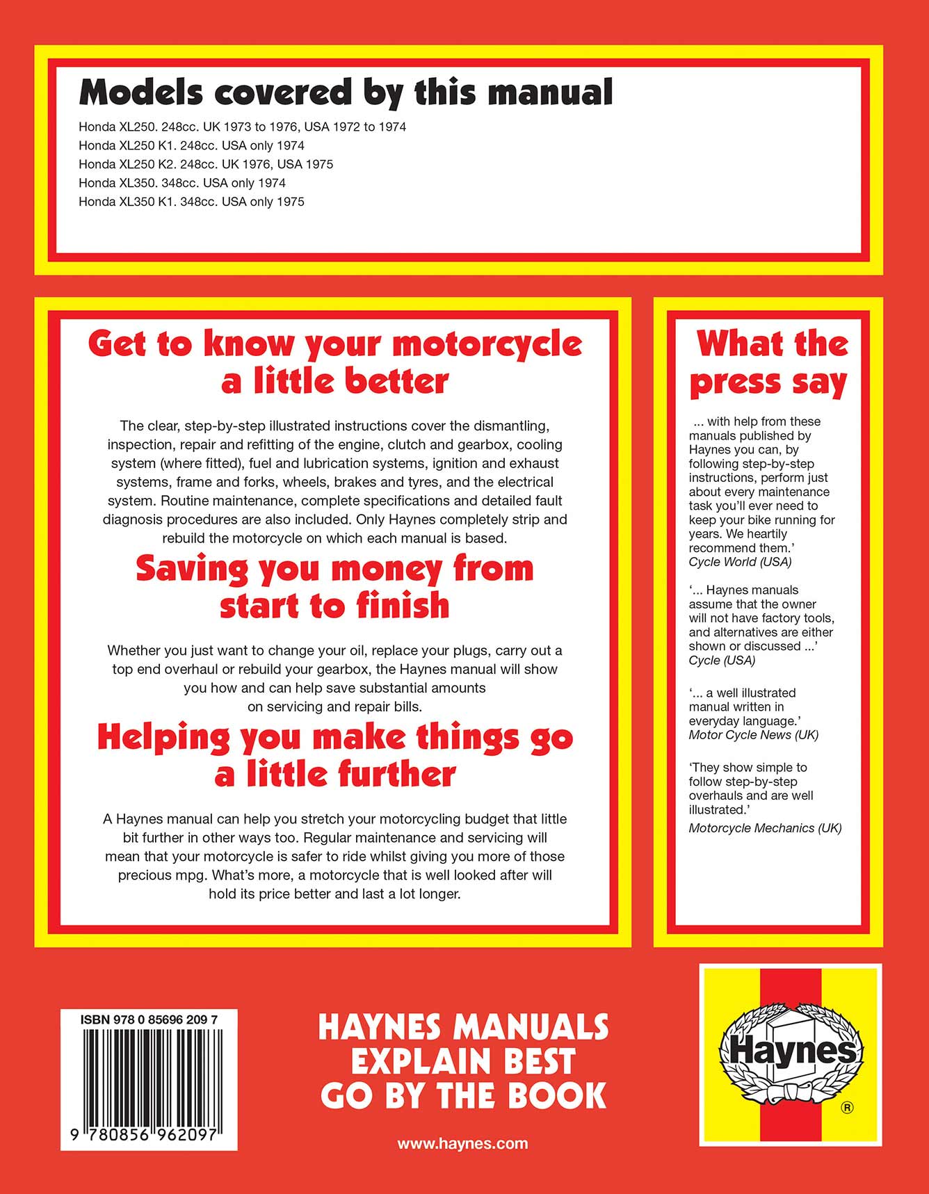 Honda Xl250 & 350 Trail (1973-1976) Haynes Repair Manual Printed Book Back Cover