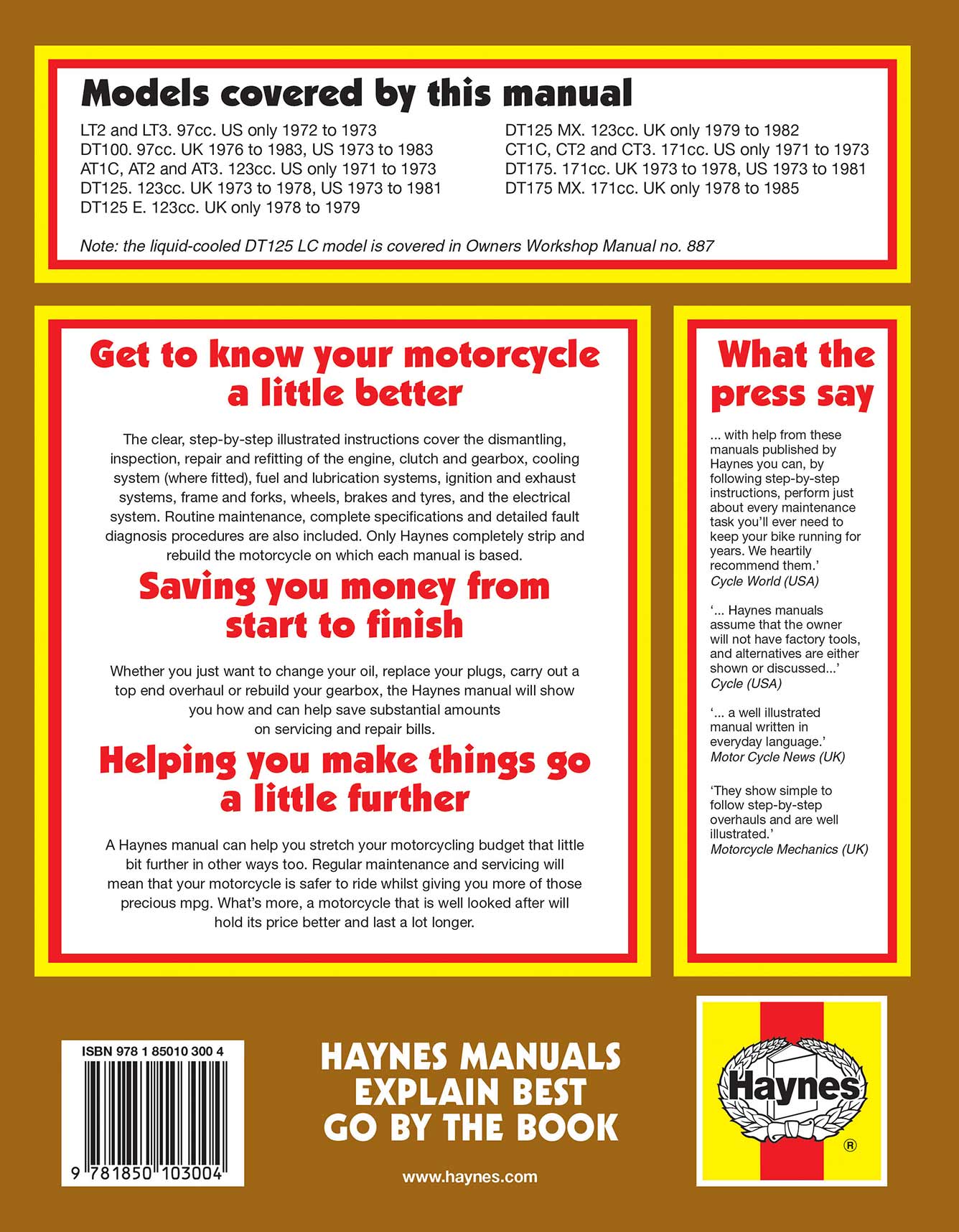 Yamaha 100, 125 & 175 Trail Bikes (1973-1985) Haynes Repair Manual Printed Book Back Cover