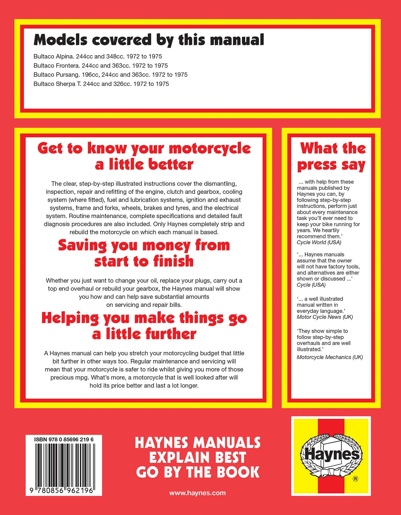 Bultaco Competition Bikes (1972-1975) Haynes Repair Manual Printed Book Back Cover