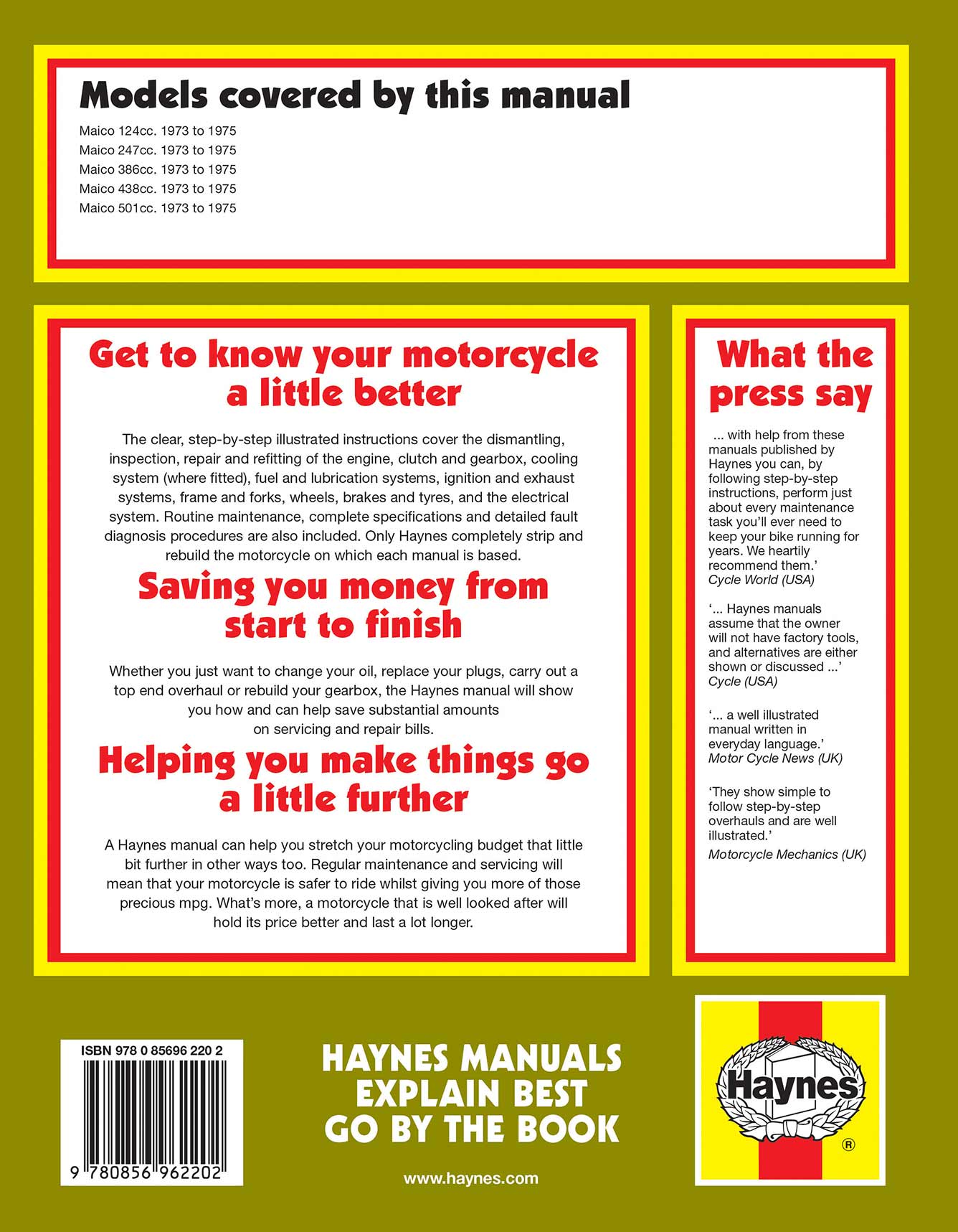 Maico Competition Models (1973-1975) Hayes Repair Manuals Printed Book Back Cover