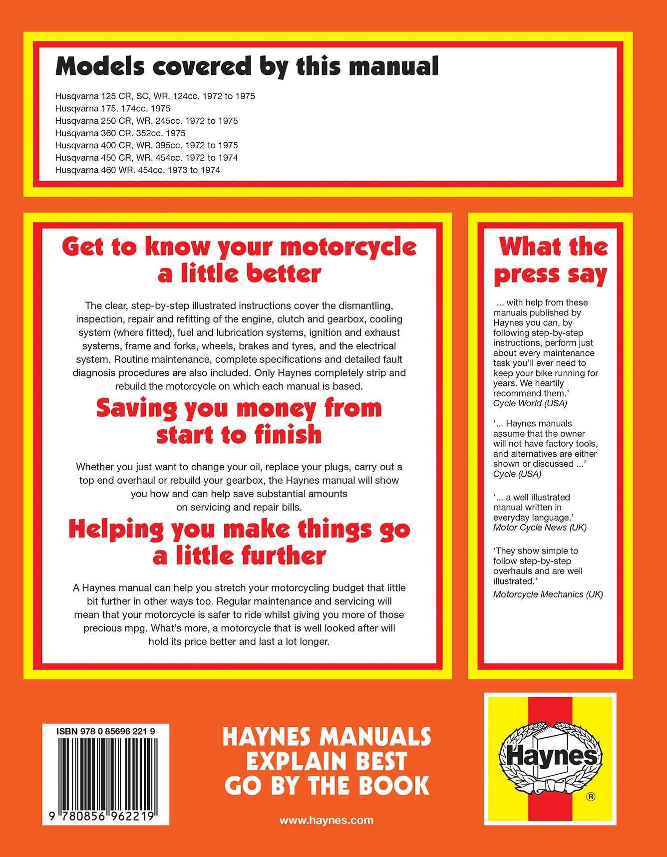 Husqvarna Competition Models (1972-1975) Haynes Repair Manual Printed Book Back Cover