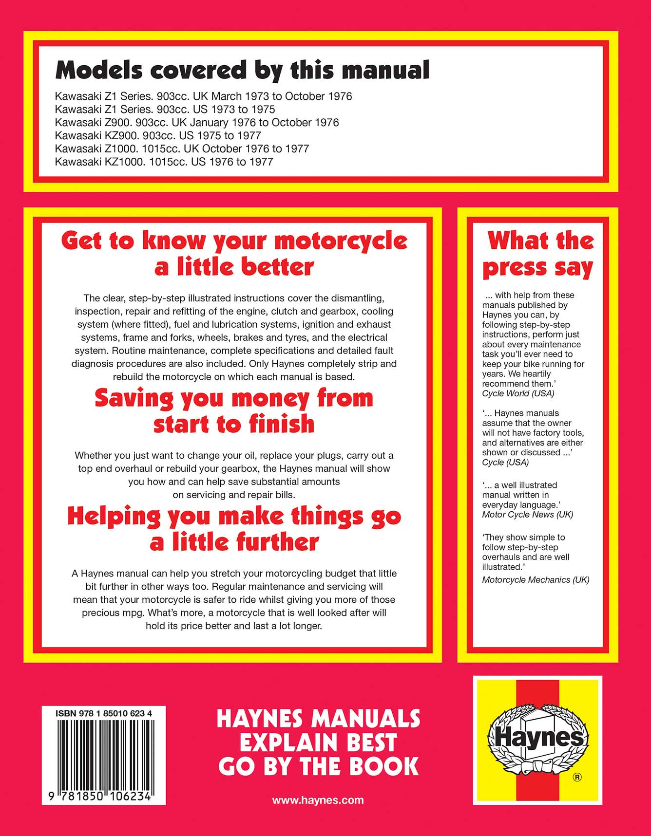 Kawasaki 900 & 1000 Fours (1973-1977) Haynes Repair Manual Printed Book Back Cover