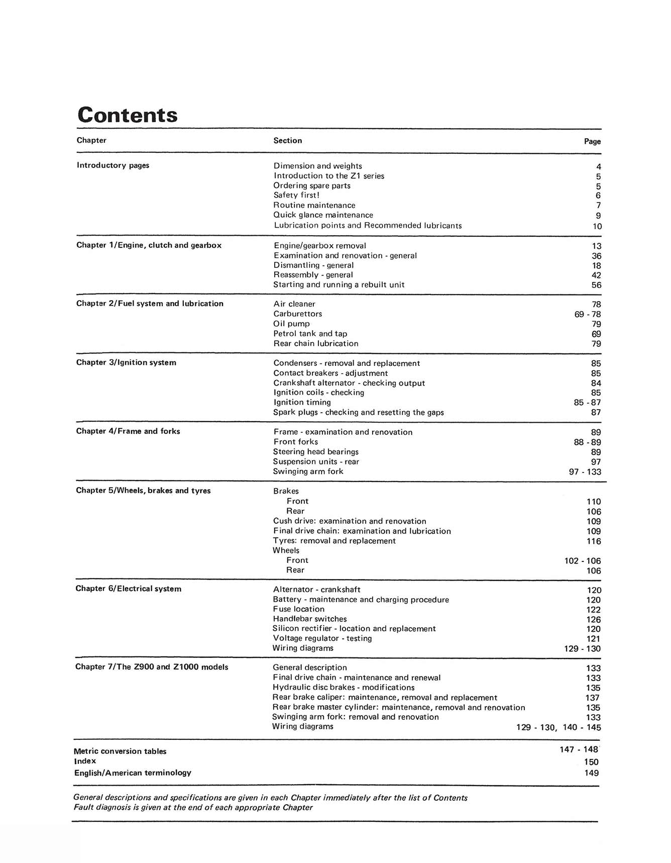 Kawasaki 900 & 1000 Fours (1973-1977) Haynes Repair Manual Printed Book Table of Contents