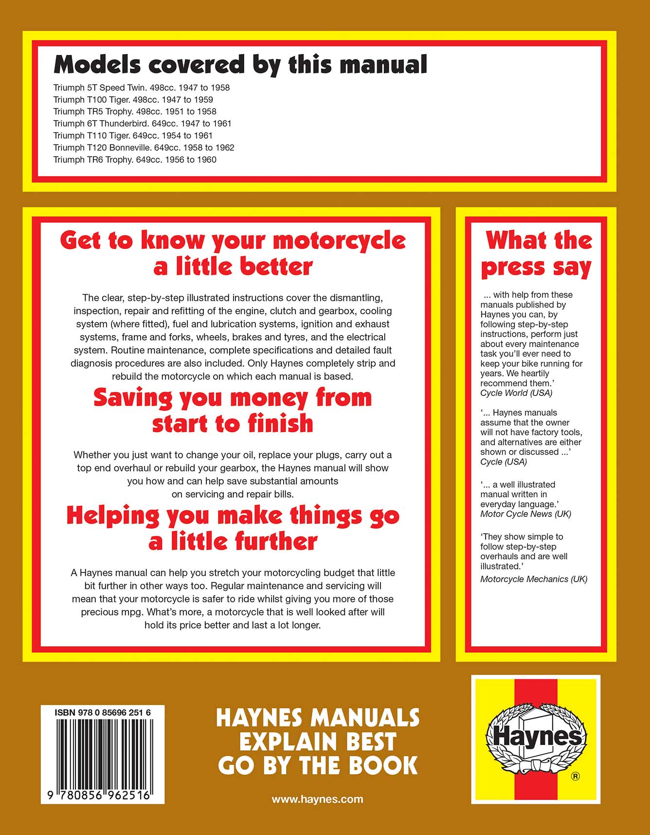 Triumph Pre-Unit Twins (1947-1962) Haynes Repair Manual Printed Book Back Cover