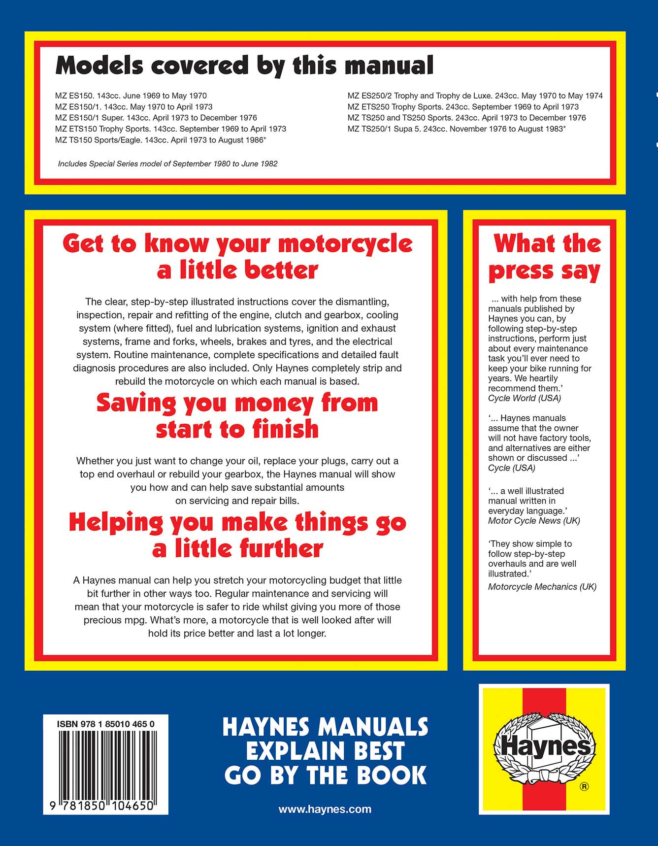 MZ ES, STS, TS150 & 250 (1969-1986) Haynes Repair Manual Printed Book Back Cover