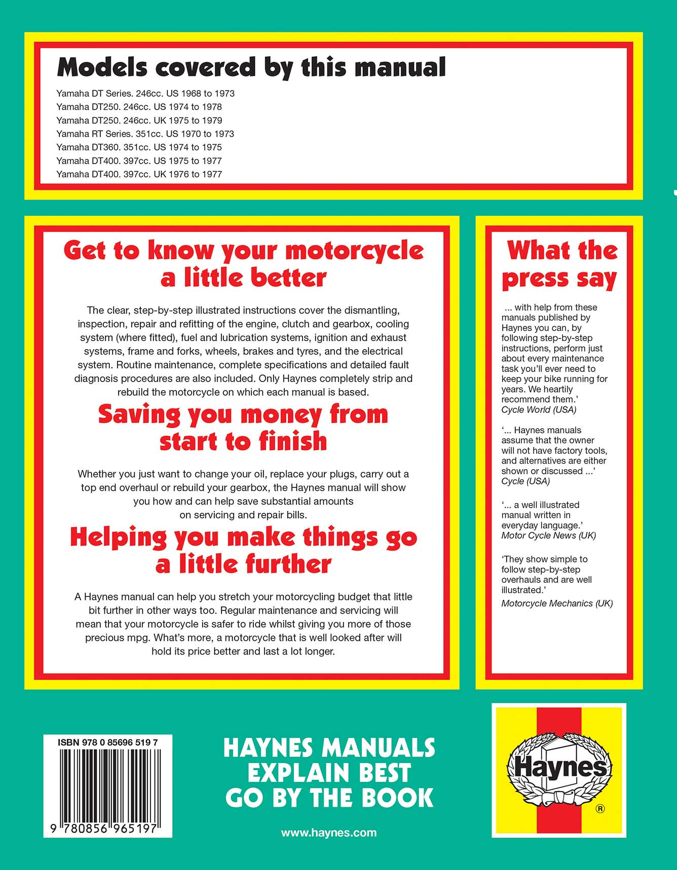 Yamaha 250 360 & 400 Trail Bikes (1968-1979) Haynes Repair Manual Printed Book Back Cover