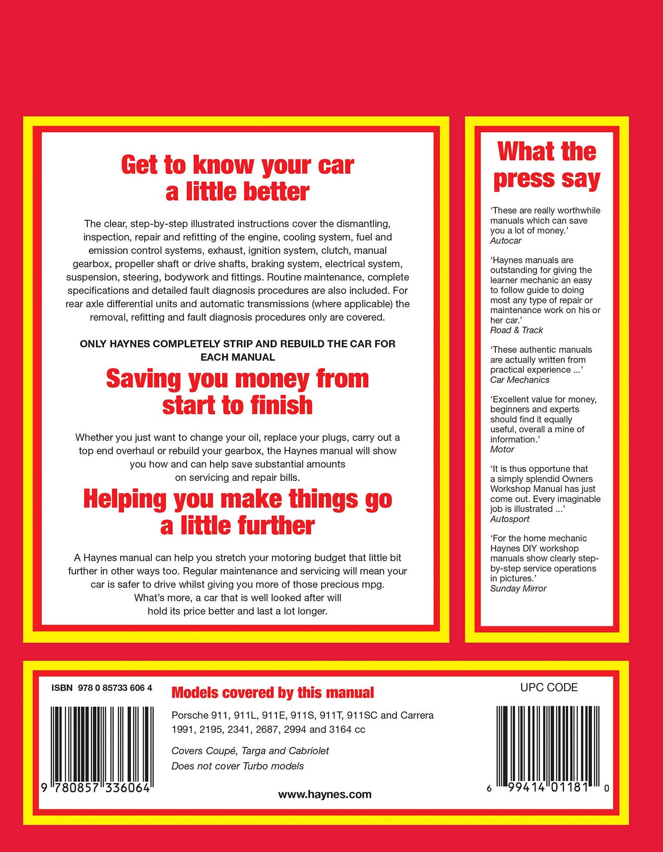 Porsche 911 (1965-1985) Haynes Repair Manual Printed Book Back Cover