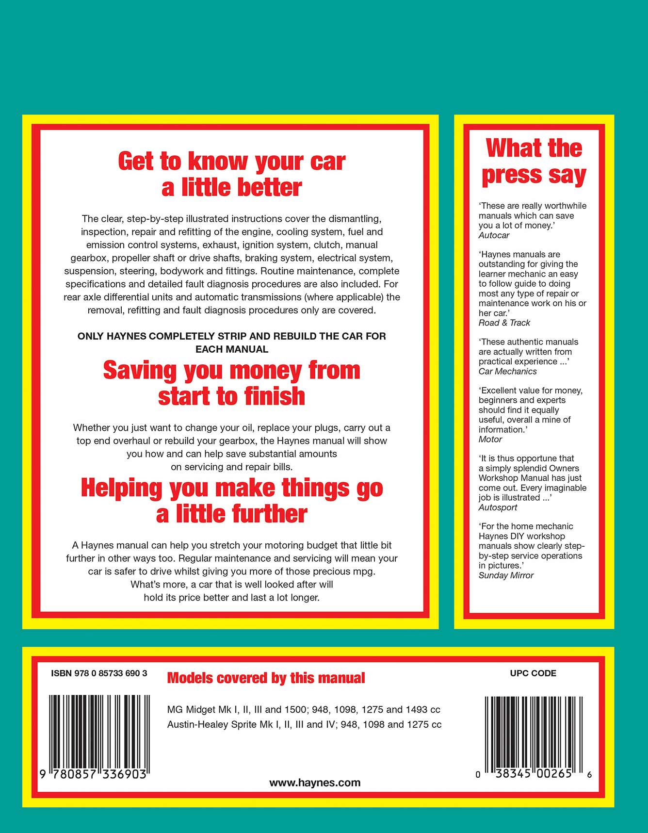 MG Midget & Austin-Healey Sprite (1958-1980) Haynes Repair Manual Printed Book Back Cover