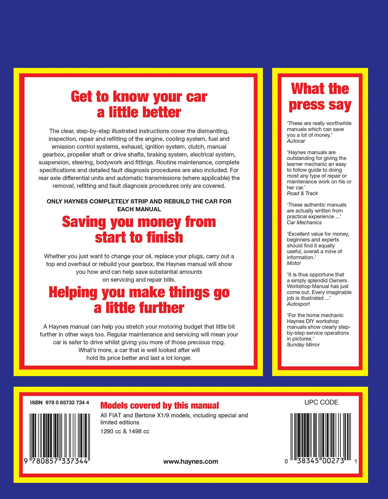 Fiat X1/9 (1974-1989) Haynes Repair Manual Printed Book Back Cover