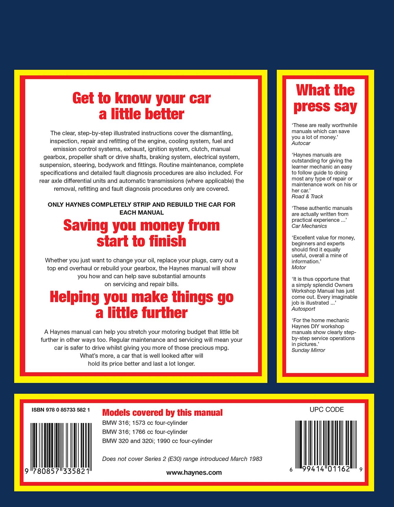 BMW 316, 320 & 320i (4-cyl)(1975-Feb 1983) Haynes Repair Manual Printed Book Back Cover