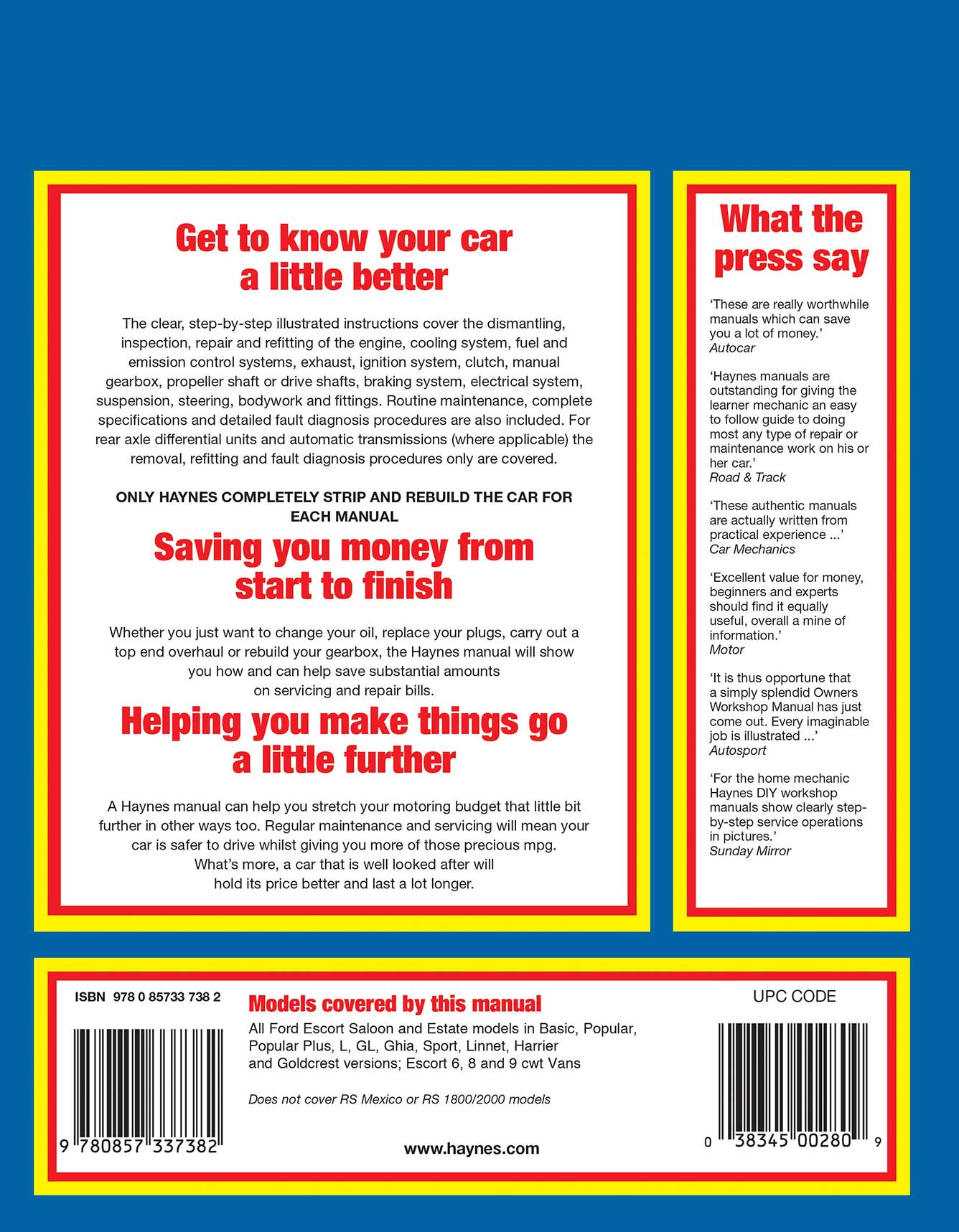 Ford Escort (1975-Aug 1980) Haynes Repair Manual Printed Book Back Cover