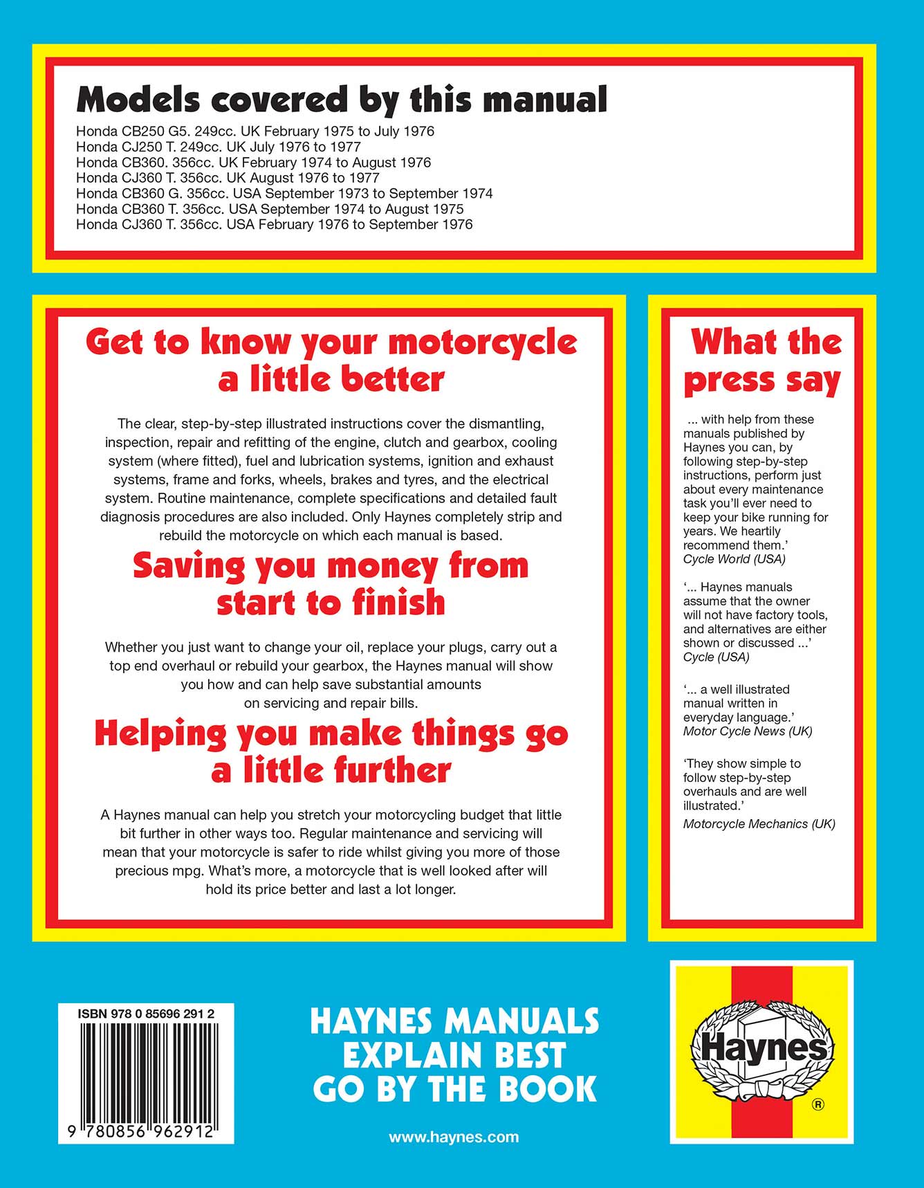 Honda CB/CJ250 & 360 Twins (1973-1977) Haynes Repair Manual Printed Book Back Cover