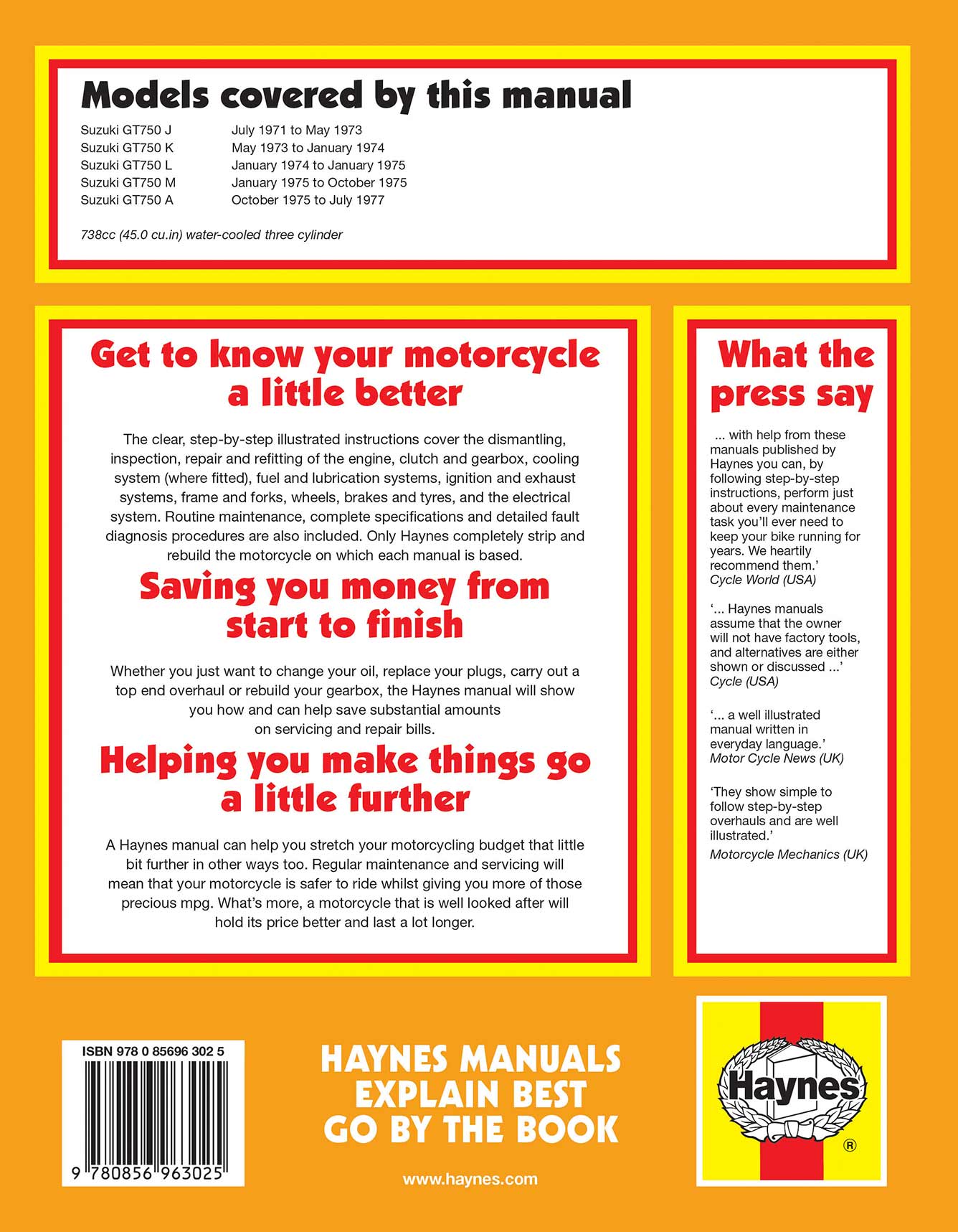 Suzuki GT750 (1971-1977) Haynes Repair Manual Printed Book Back Cover