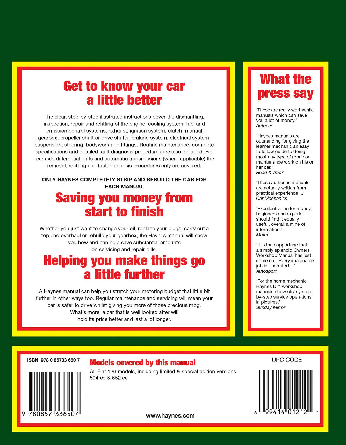 Fiat 126 (1973-1987) Haynes Repair Manual Printed Book Back Cover