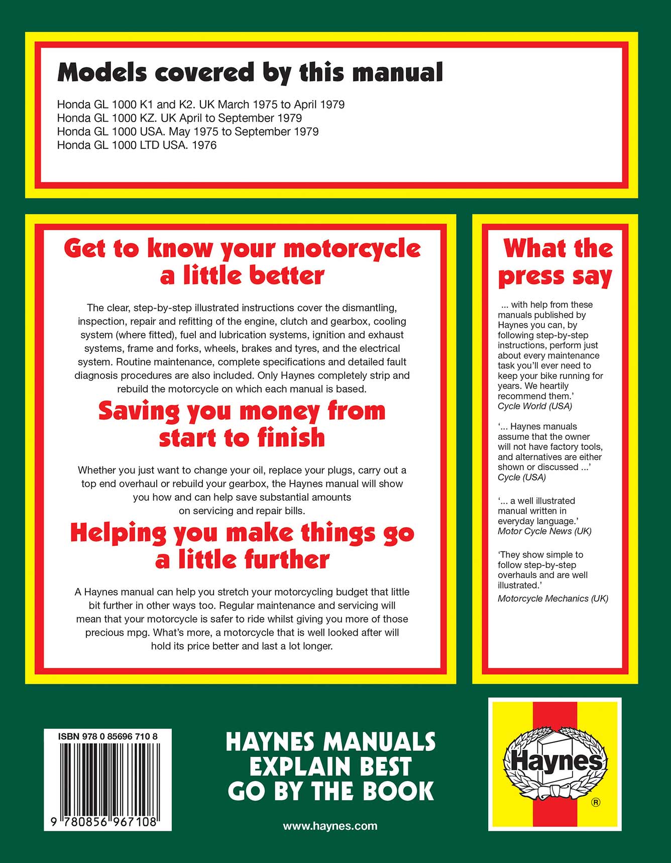 Honda GL1000 Gold Wing (1975-1979) Haynes Repair Manual Printed Book Back Cover