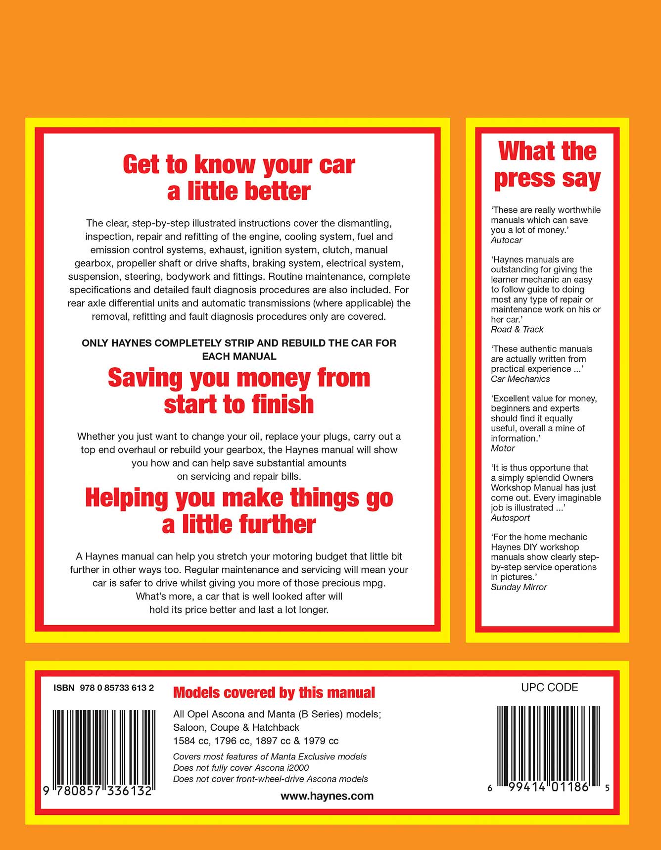 Opel Ascona & Manta (B Series) (Sept 1975-1988) Haynes Repair Manual Printed Book Back Cover