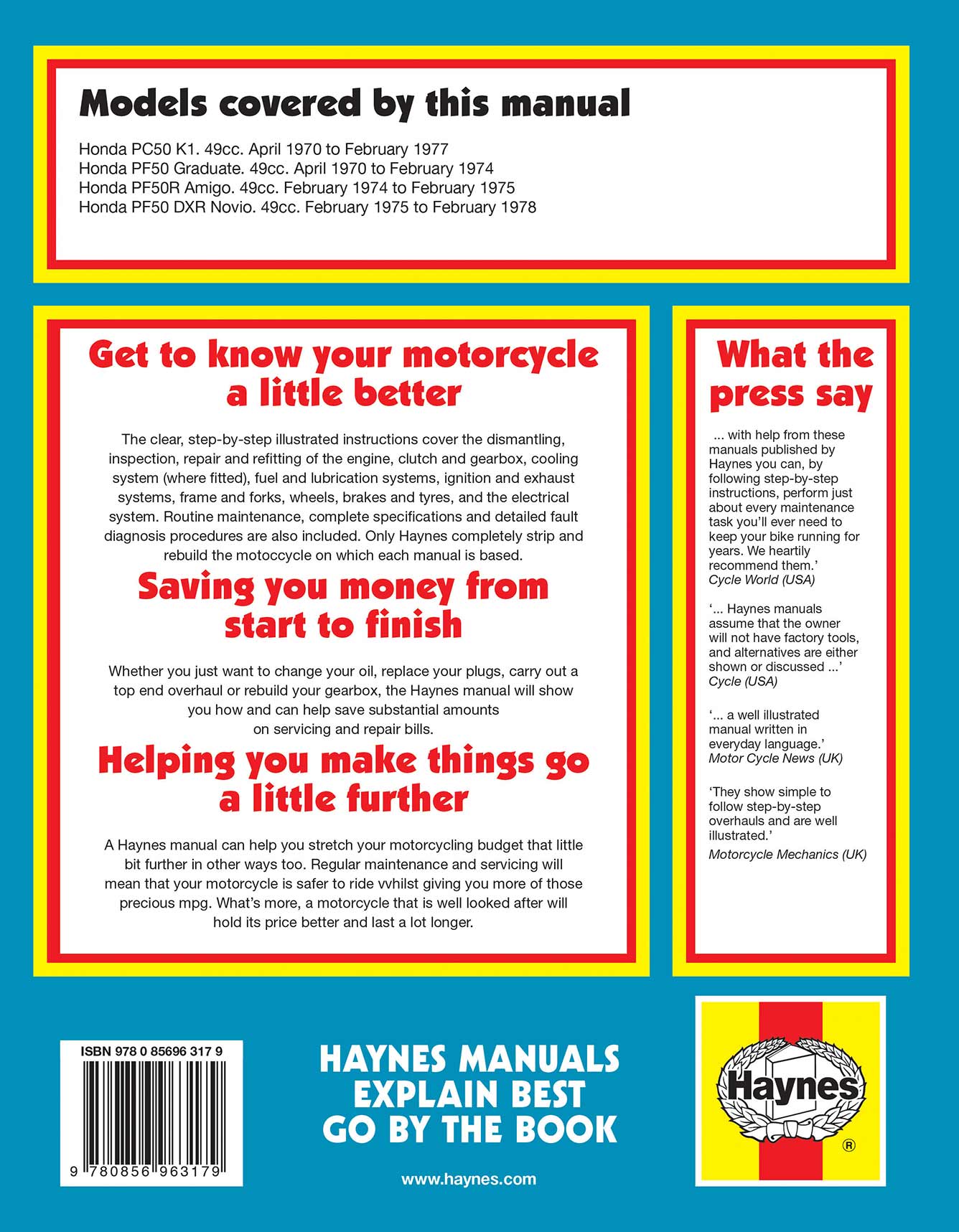 Honda Four-Stroke Mopeds (1970-1978) Haynes Repair Manual Printed Book Back Cover