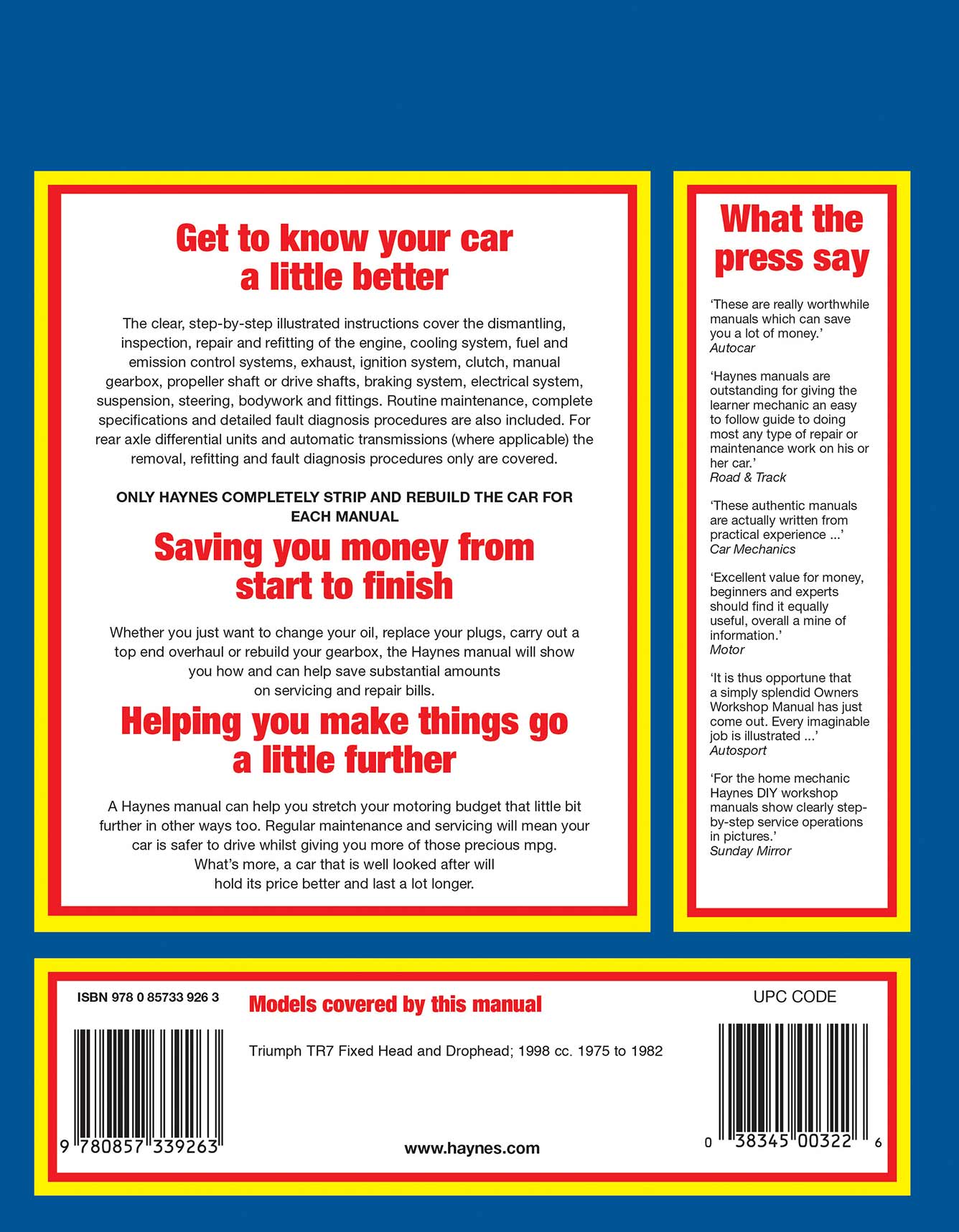 Triumph TR7 (1975-1982) Haynes Repair Manual Printed Book Back Cover