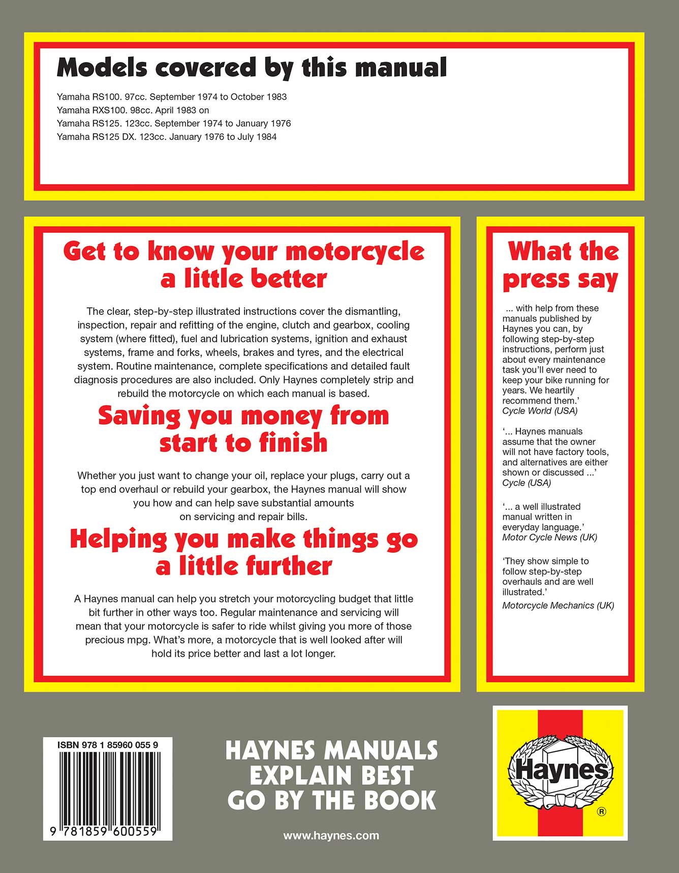 Yamaha RS/RXS100 & 125 Singles (1974-1995) Haynes Repair Manual Printed Book Back Cover