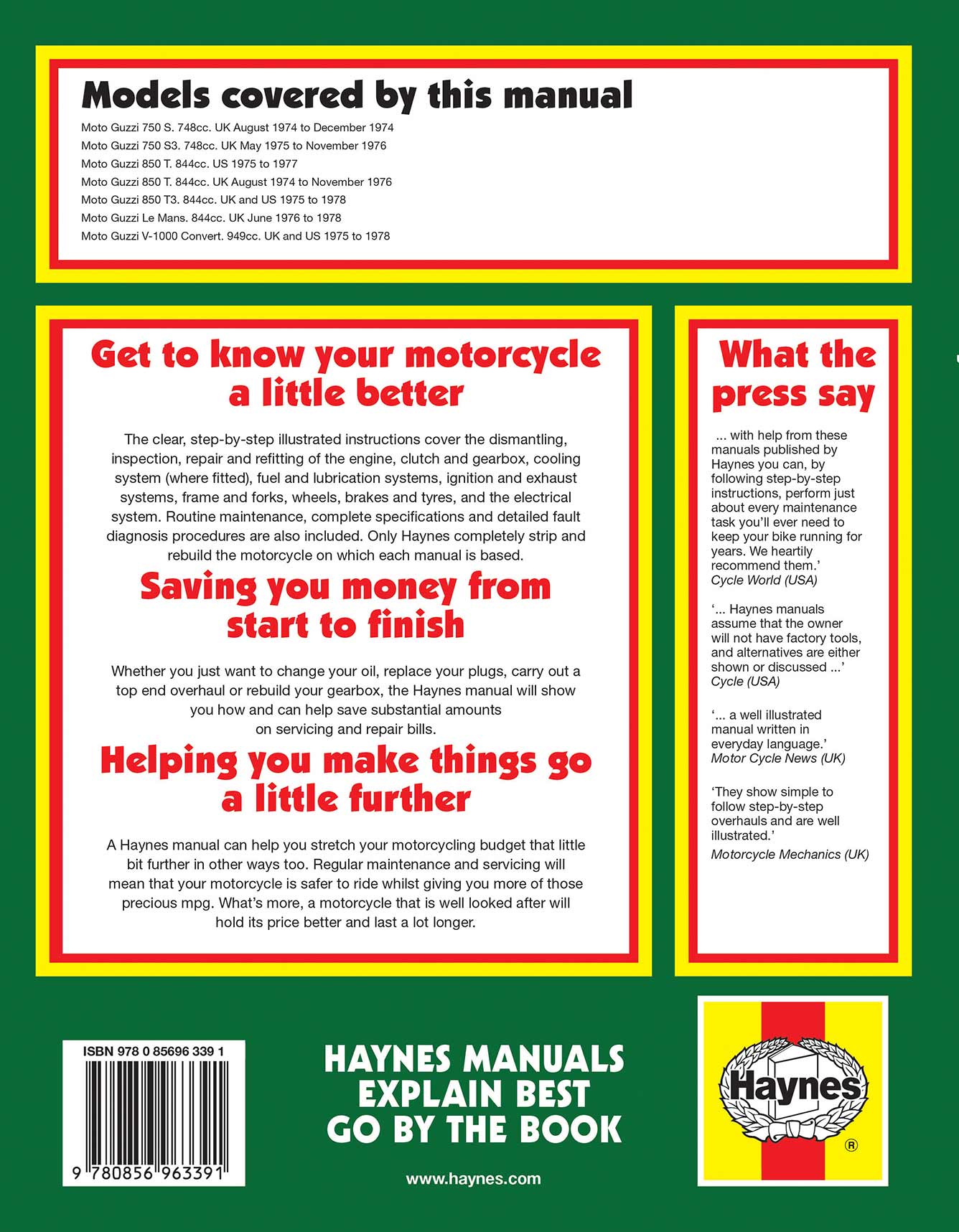 Moto Guzzi 750, 850 & 1000 V-Twins (1974-1978) Haynes Repair Manual Printed Book Back Cover