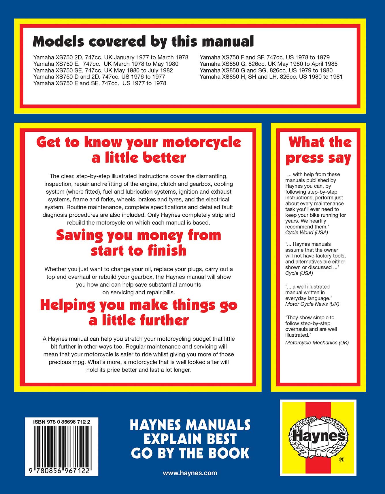 Yamaha XS750 & 850 Triples (1976-1985) Haynes Repair Manual Printed Book Back Cover