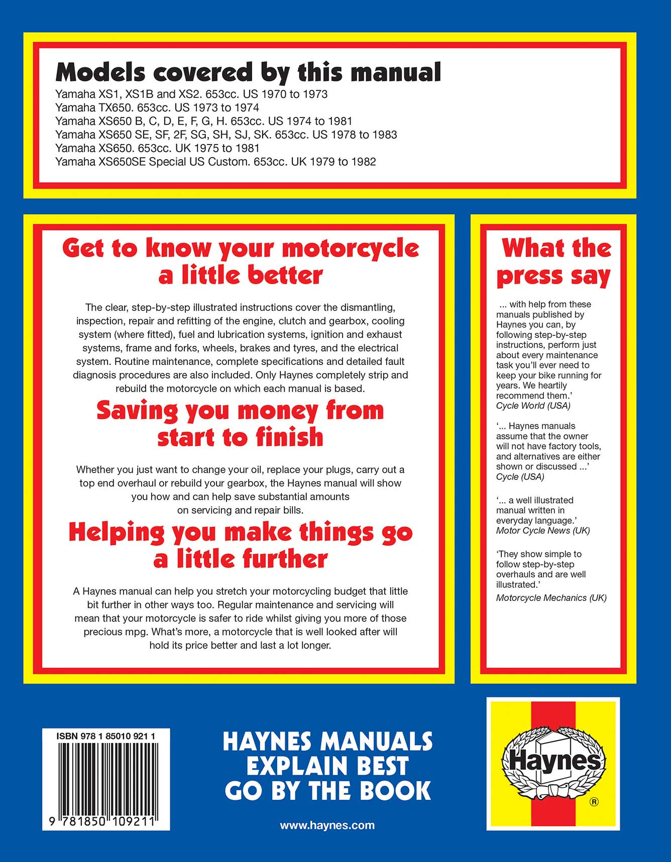 Yamaha 650 Twins (1970-1983) Haynes Repair Manual Printed Book Back Cover