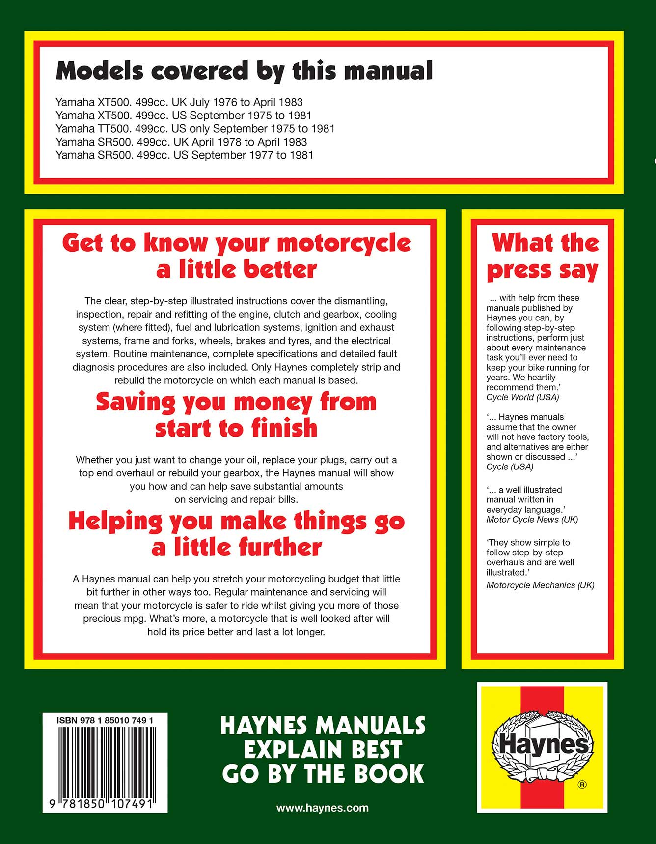 Yamaha XT, TT & SR500 Singles (1975-1983) Haynes Repair Manual