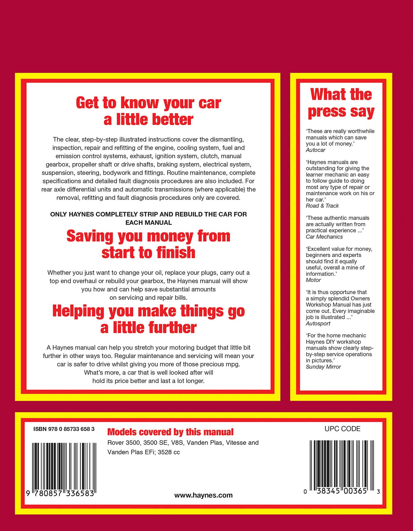 Rover 3500 (1976-1987) Haynes Repair Manual Printed Book Back Cover