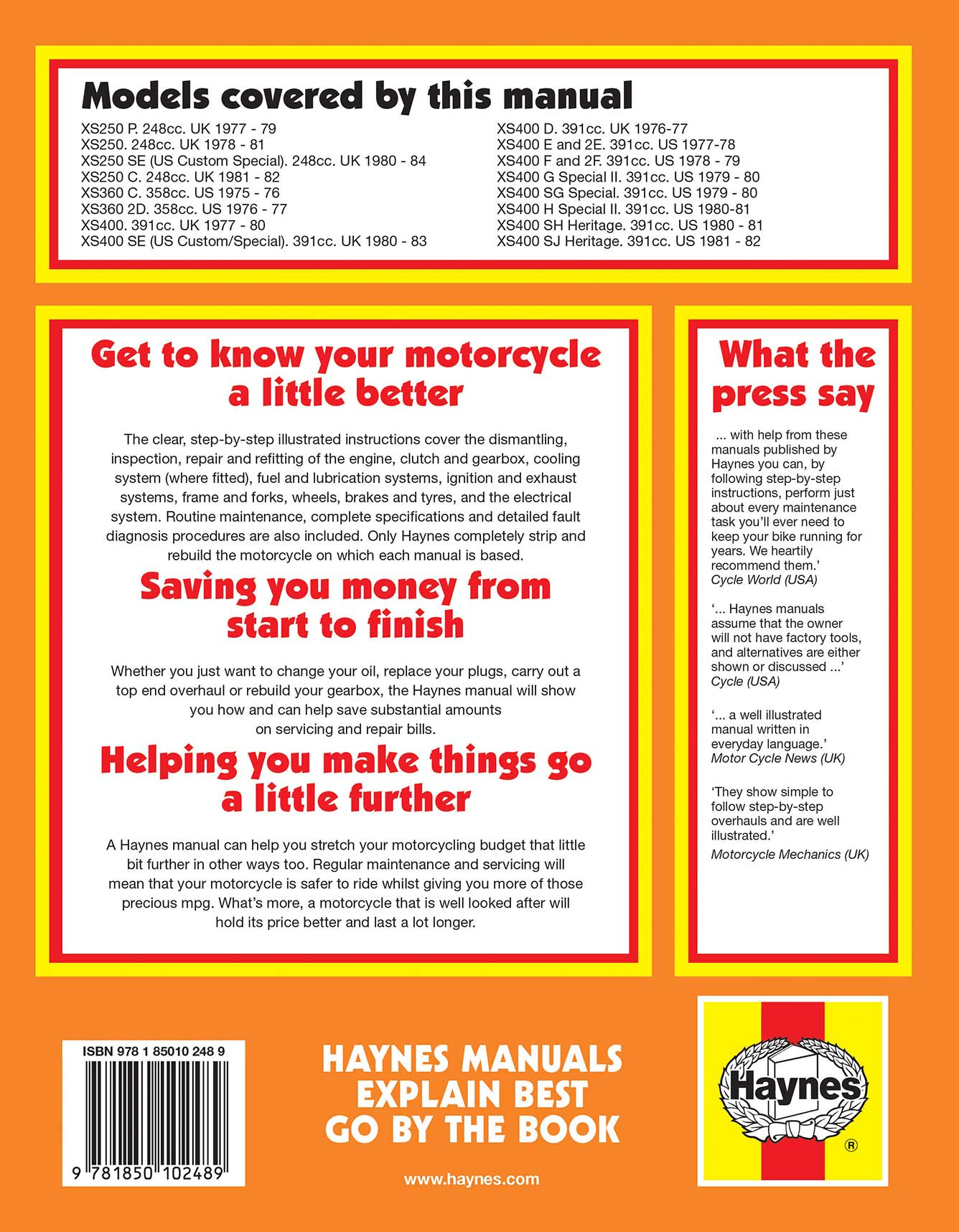 Yamaha XS250, 360 & 400 sohc Twins (1975-1984) Haynes Repair Manual Printed Book Back Cover