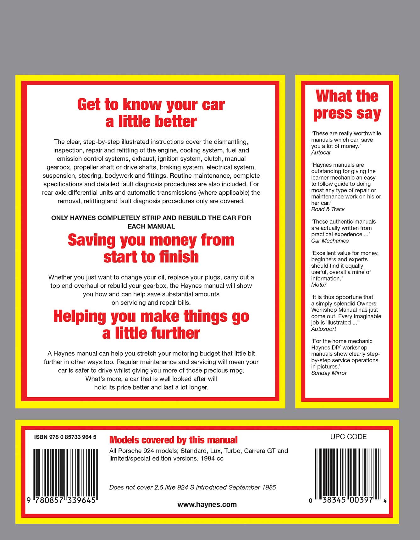 Porsche 924 & 924 Turbo (1976-1985) Haynes Repair Manual Printed Book Back Cover