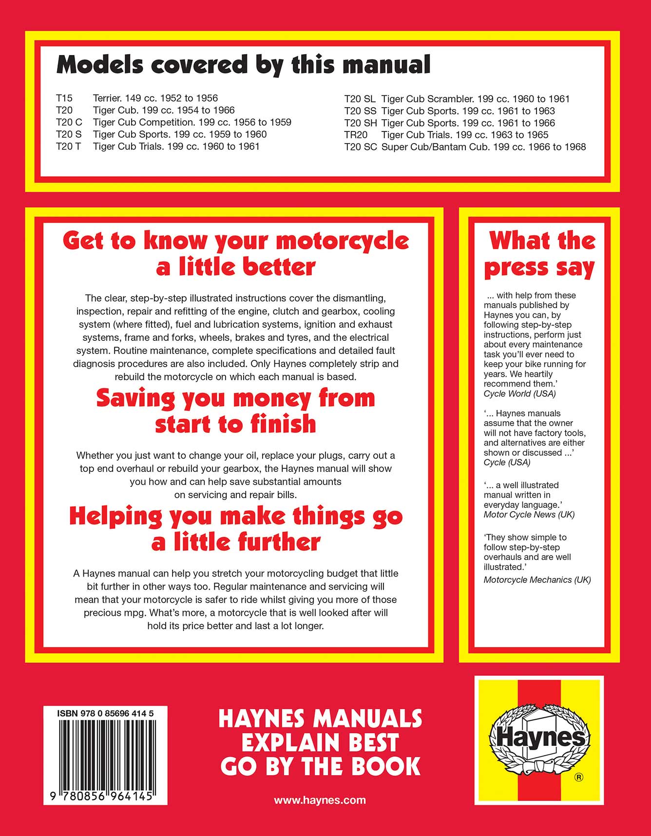 Triumph Tiger Cub & Terrier (1952-1969) Haynes Repair Manual Printed Book Back Cover