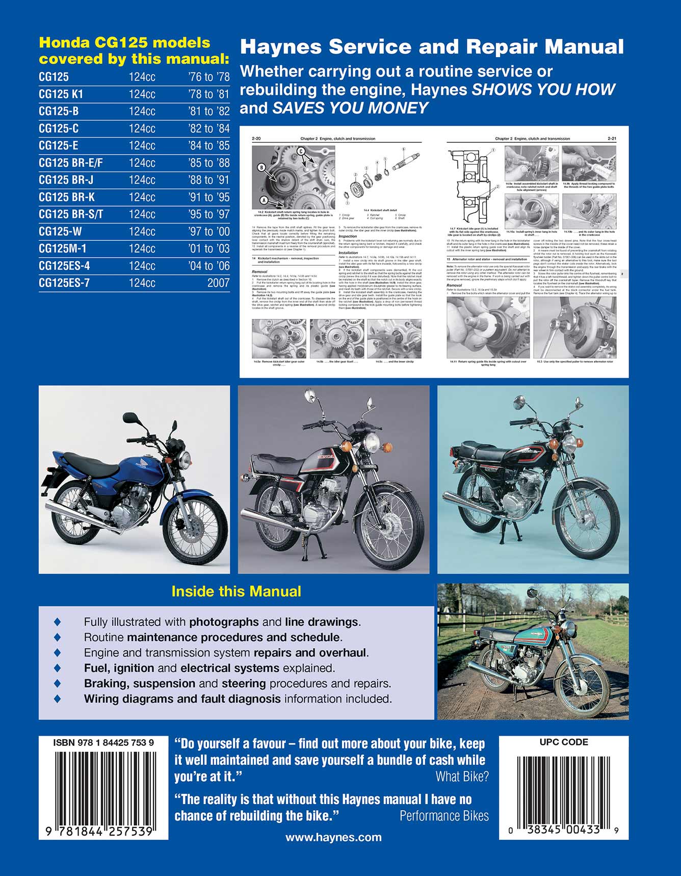 Honda CG125 (1976-2007) Haynes Repair Manual Printed Book Back Cover