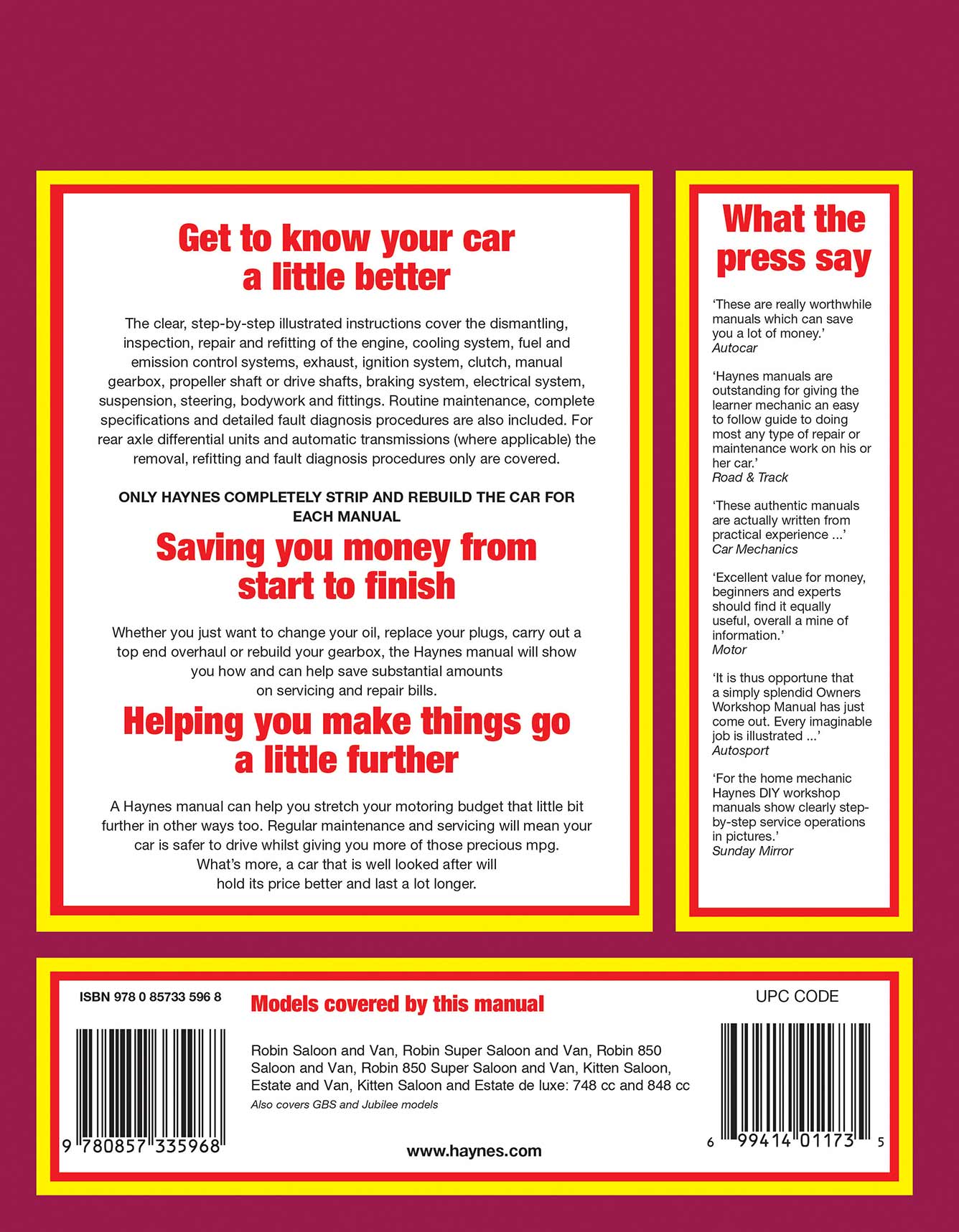 Reliant Robin & Kitten (1973-1983) Haynes Repair Manual Printed Book Back Cover