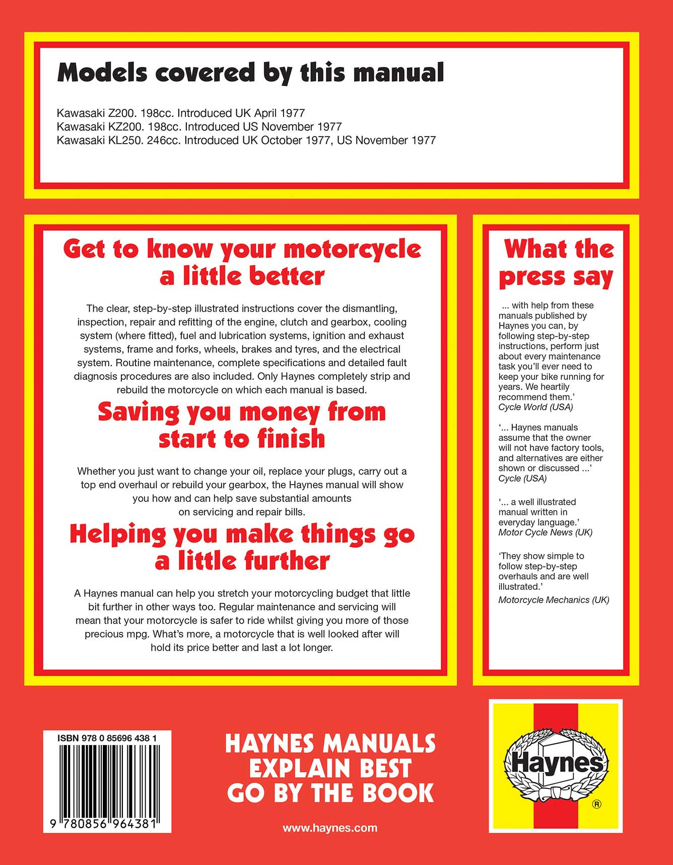 Kawasaki Z200 & Kl250 Singles 1977 Haynes Repair Manual