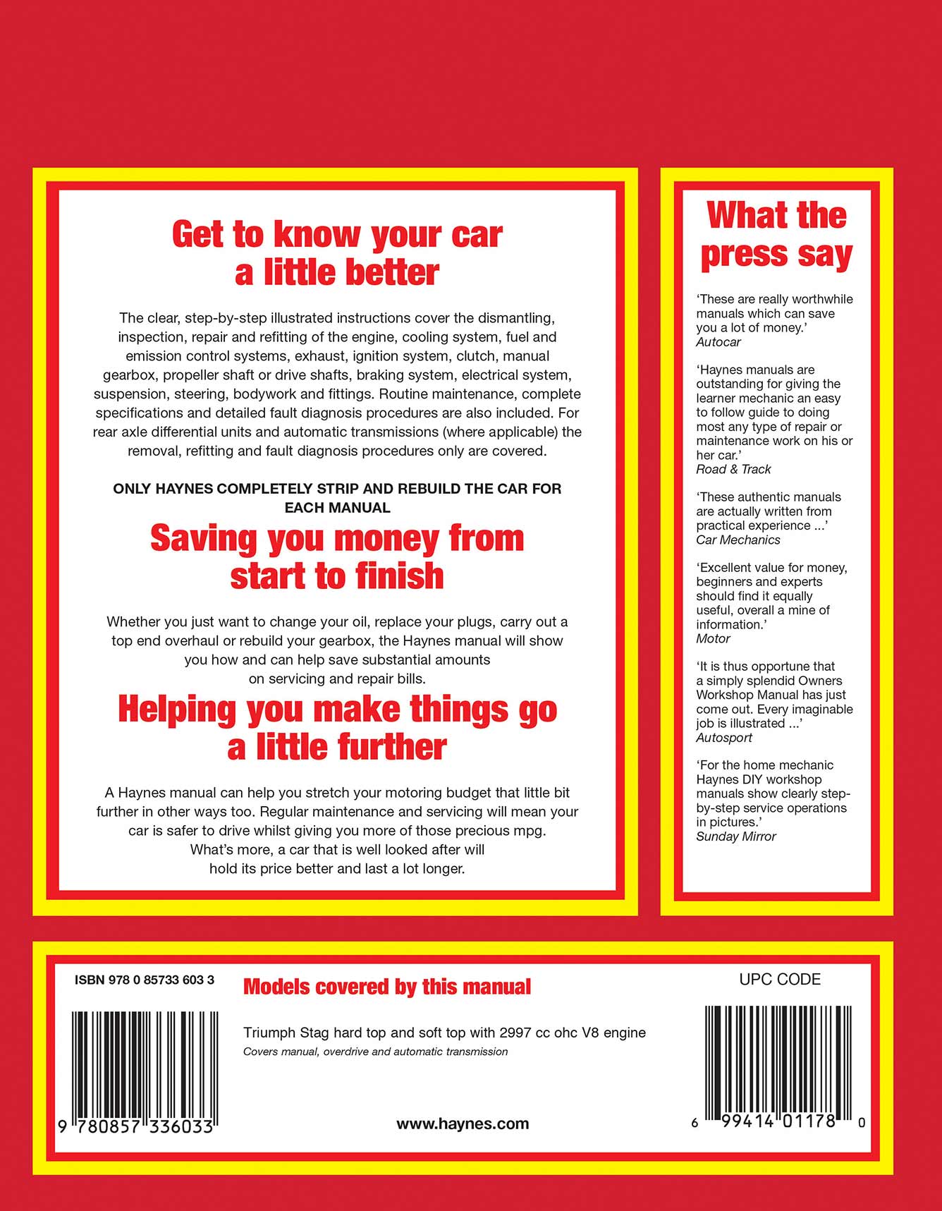 Triumph Stag (1970-1978) Haynes Repair Manual Printed Book Back Cover