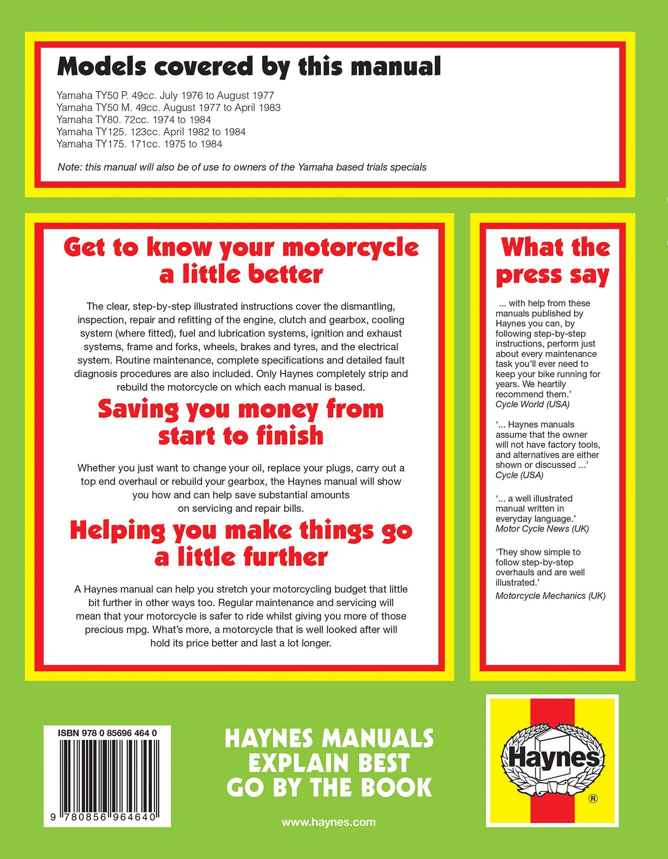 Yamaha TY50, 80, 125 & 175 (1974-1984) Haynes Repair Manual Printed Book Back Cover