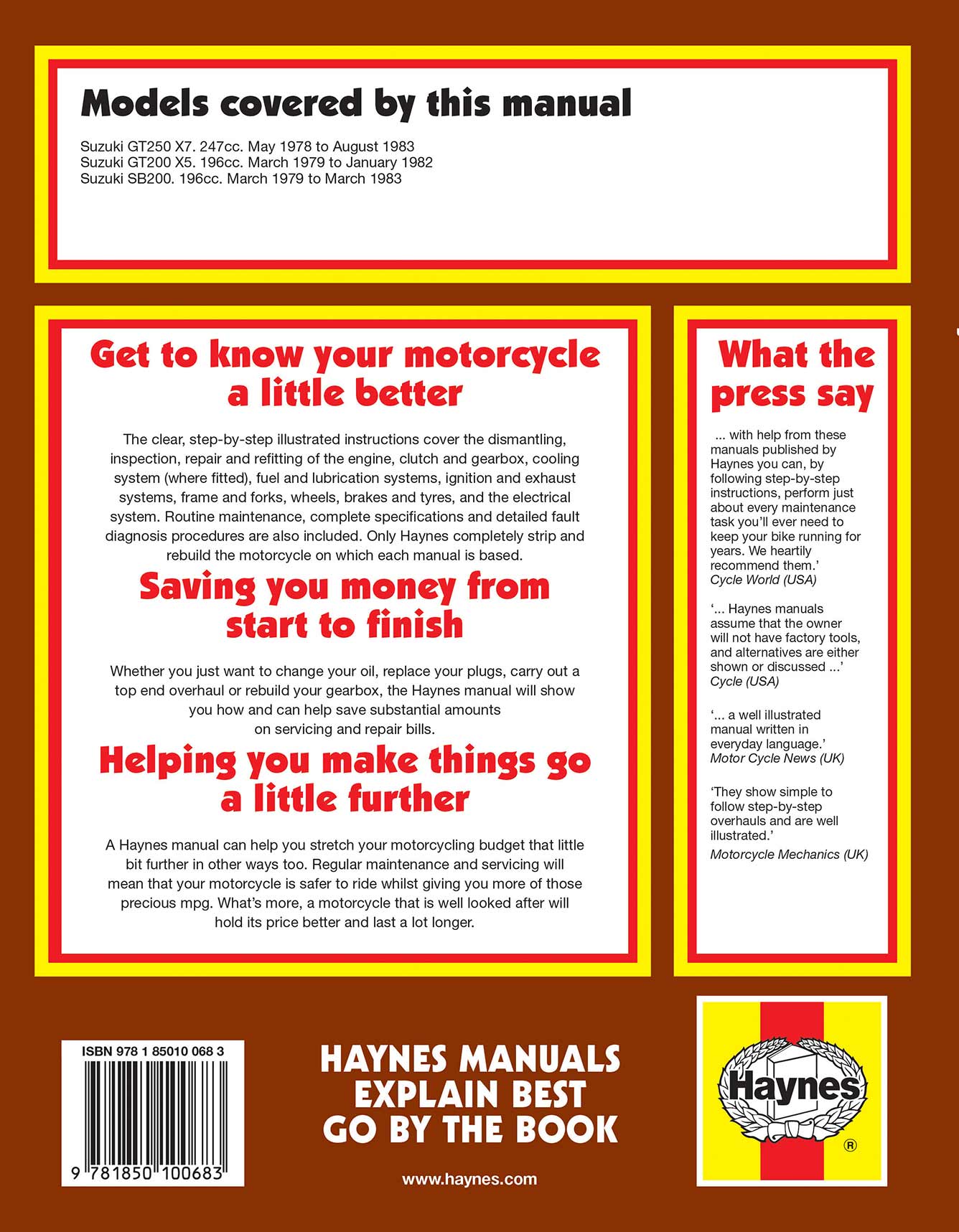 Suzuki GT250X7, GT200X5 & SB200 Twins (1978-1983) Haynes Repair Manual Printed Book Back Cover