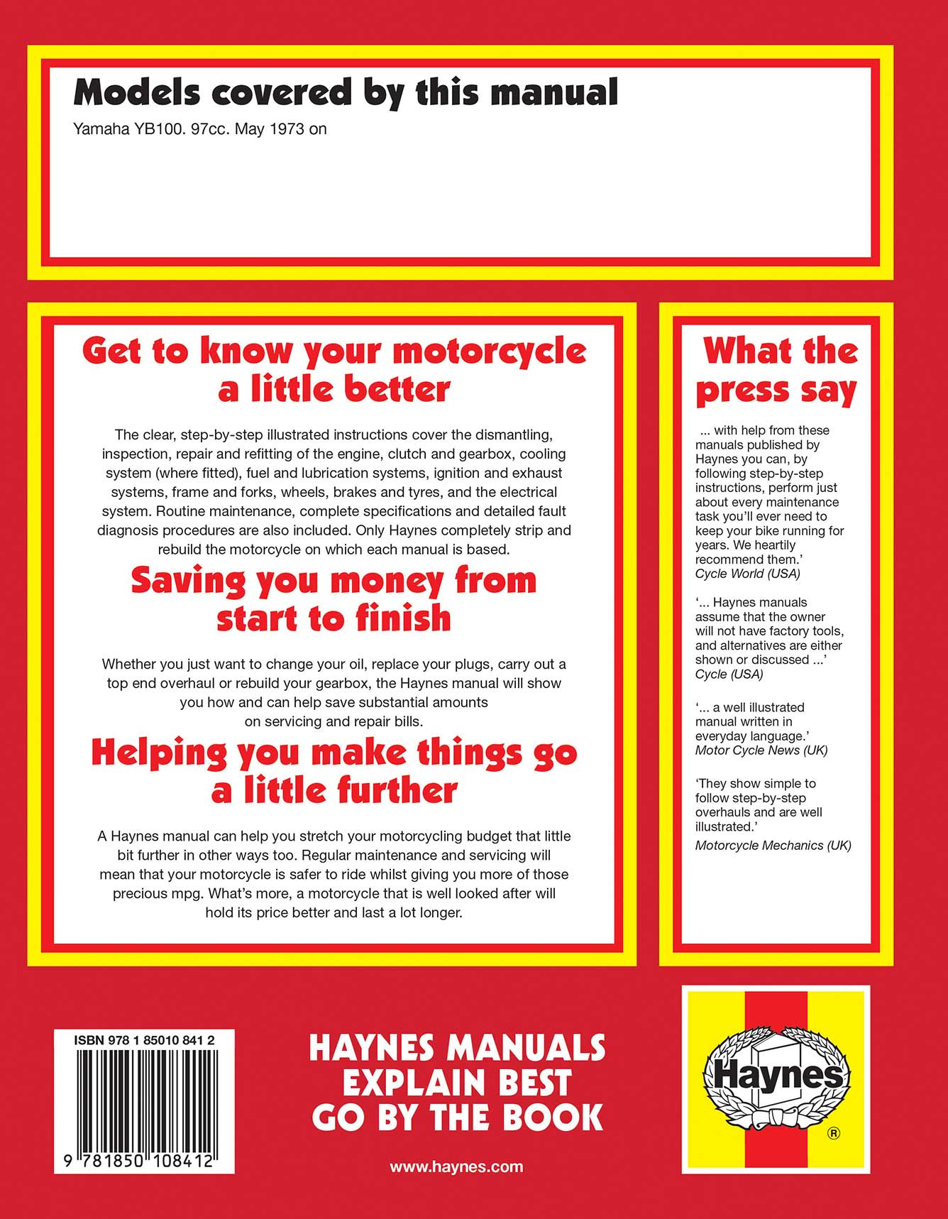 Yamaha YB100 Singles (1973-1991) Haynes Repair Manual Printed Book Back Cover