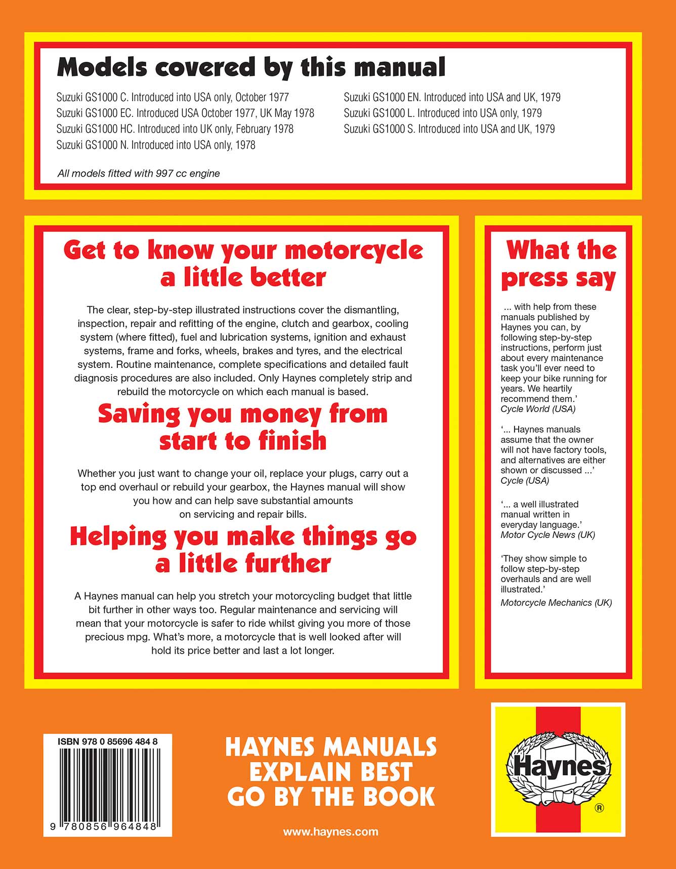Suzuki GS1000 Four (1977-1979) Haynes Repair Manual Printed Book Back Cover