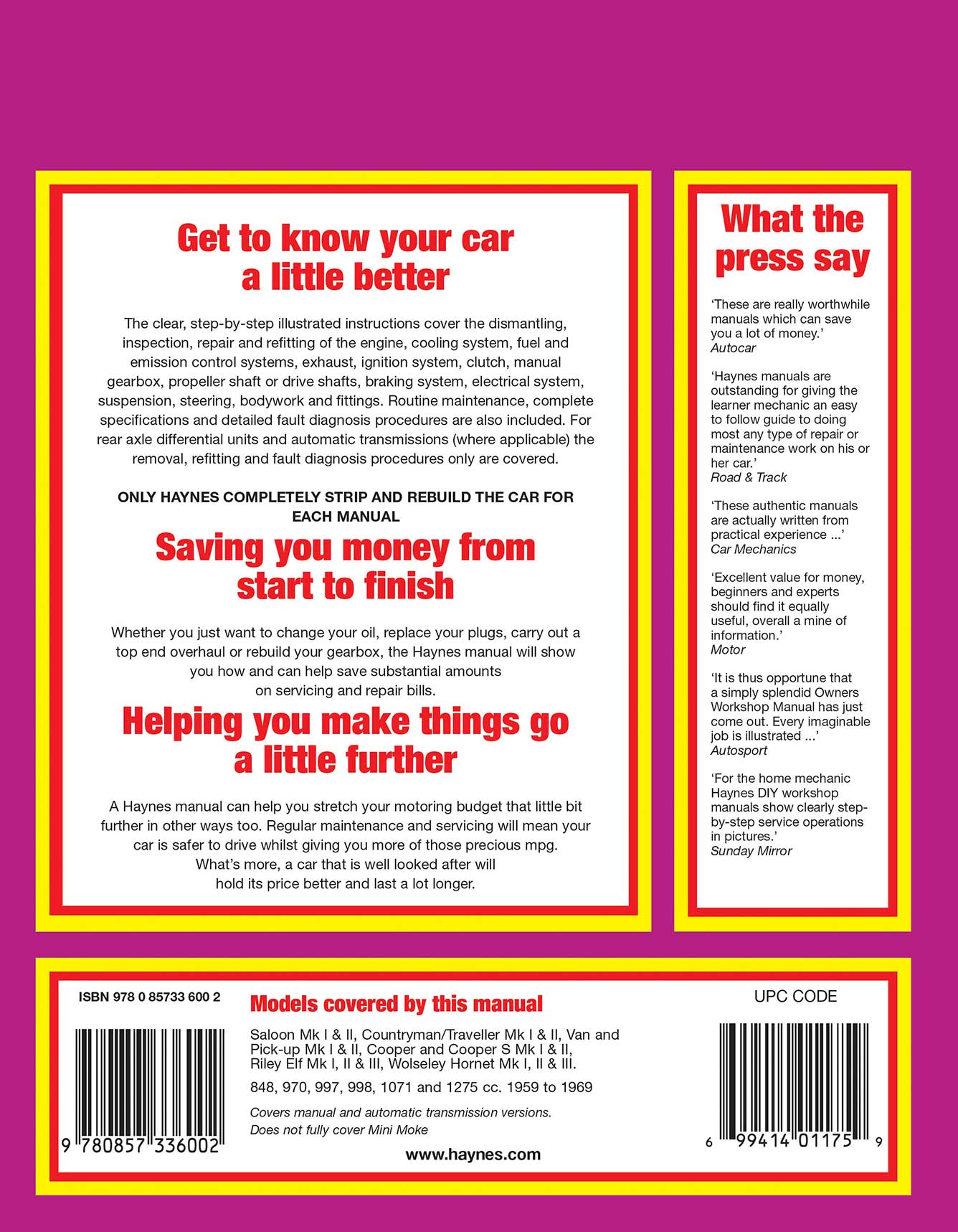 Mini (1959-1969) Haynes Repair Manual Printed Book Back Cover