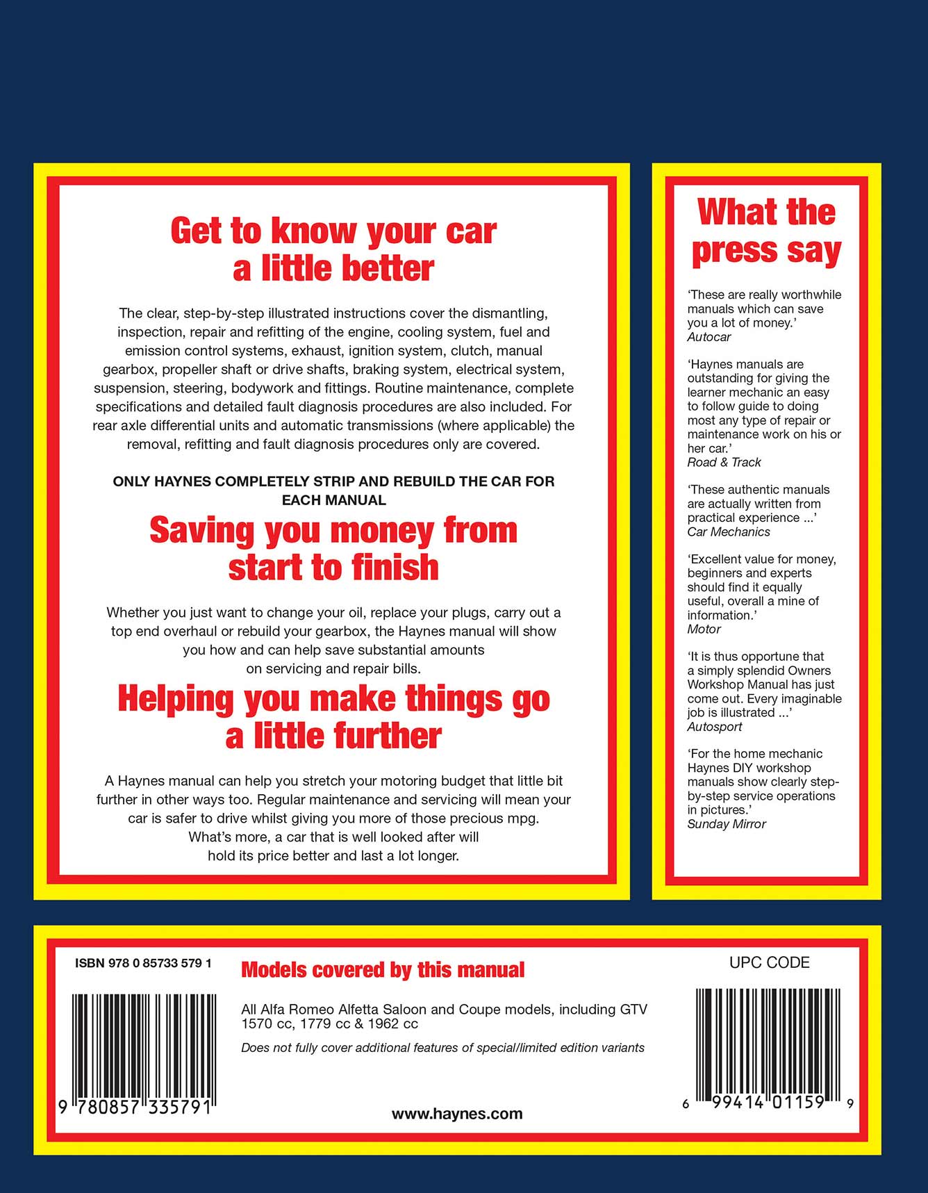 Alfa Romeo Alfetta (1973-1987) Haynes Repair Manual Printed Book Back Cover