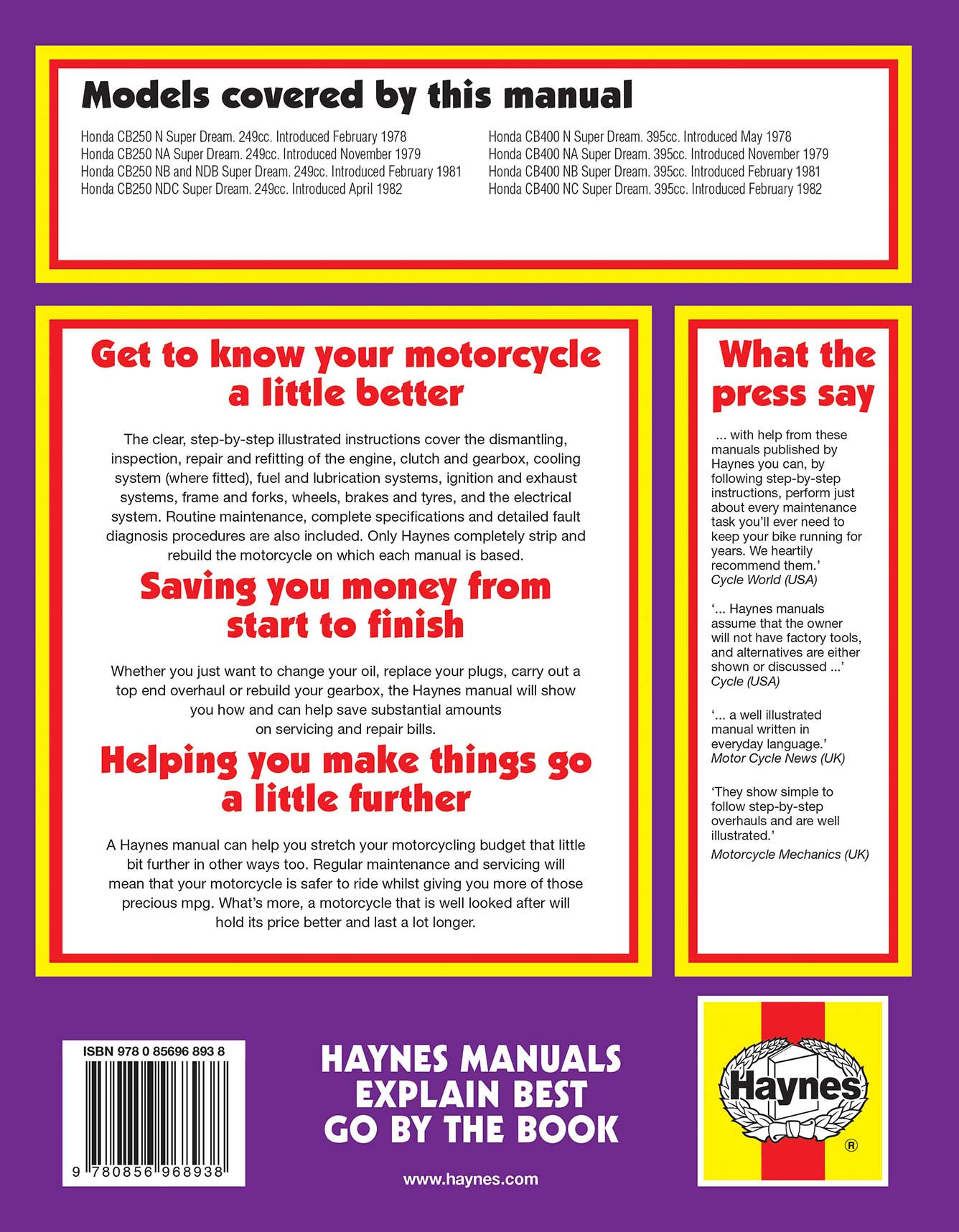 Honda CB250 & CB400N Super Dreams (1978-1984) Haynes Repair Manual Printed Book Back Cover