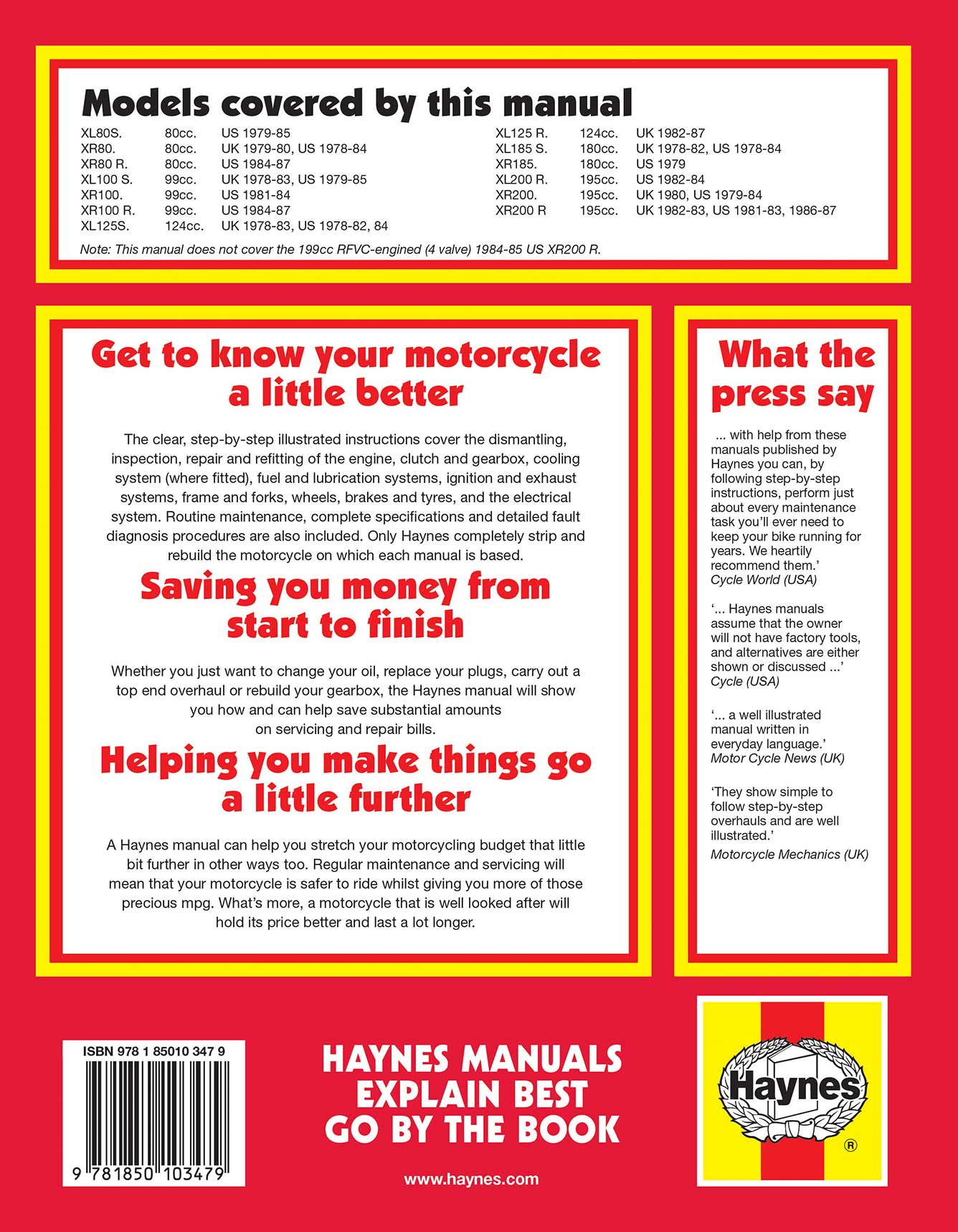 Honda XL/XR 80, 100, 125, 185 & 200 2-valve Models (1978-1987) Haynes Repair Manual Printed Book Back Cover