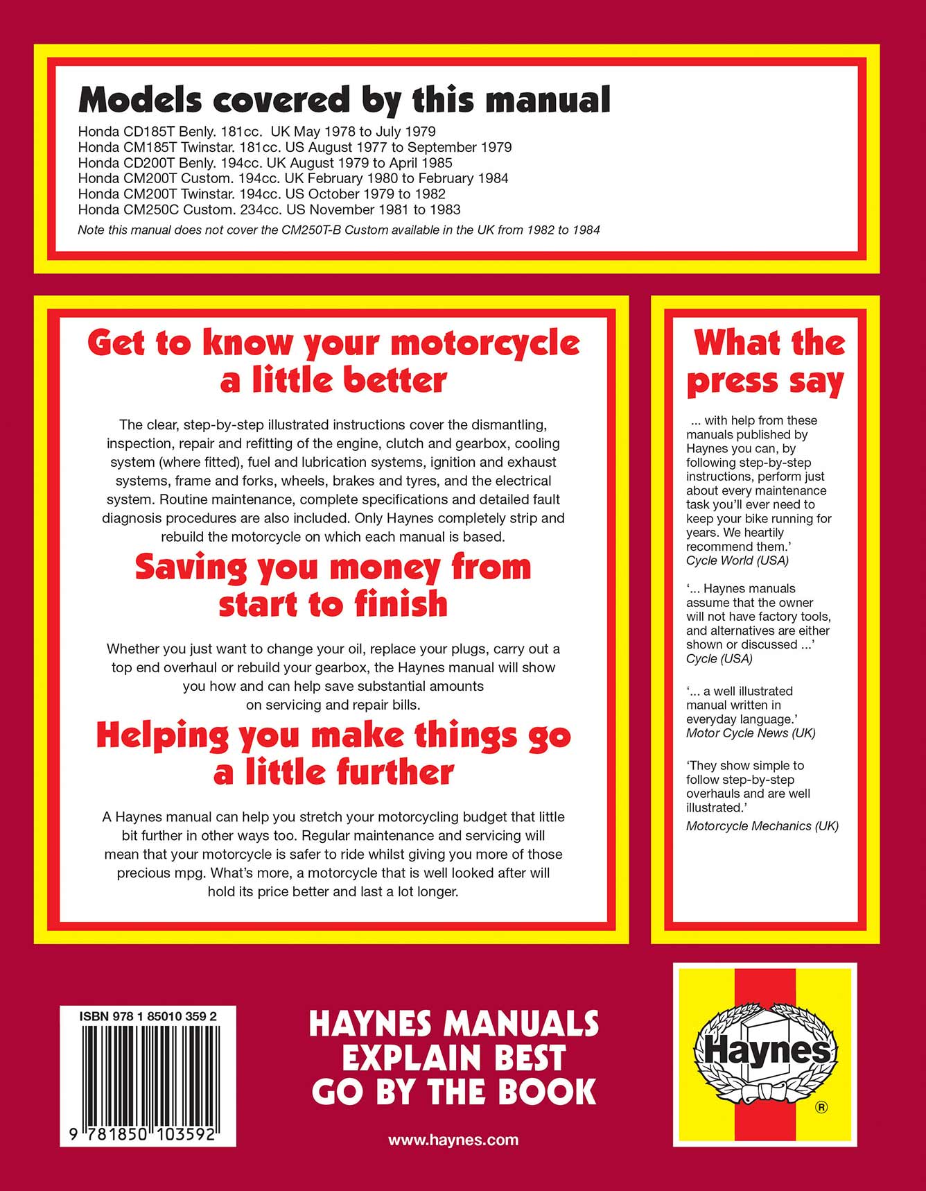 Honda CD/CM185 200T & CM250C 2-valve Twins (1977-1985) Haynes Repair Manual Printed Book Back Cover