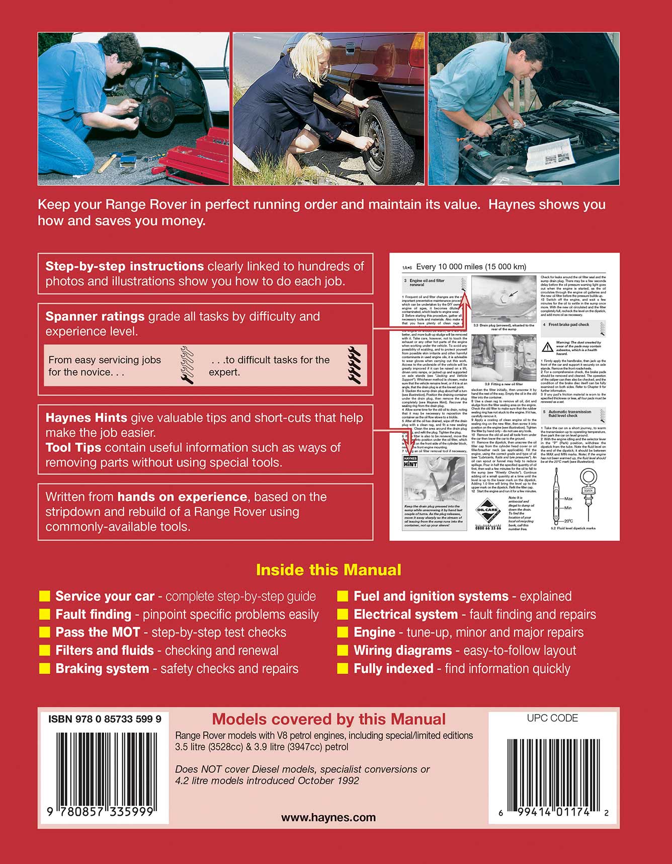 Range Rover V8 Petrol (1970-Oct 1992) Haynes Repair Manual Printed Book Back Cover