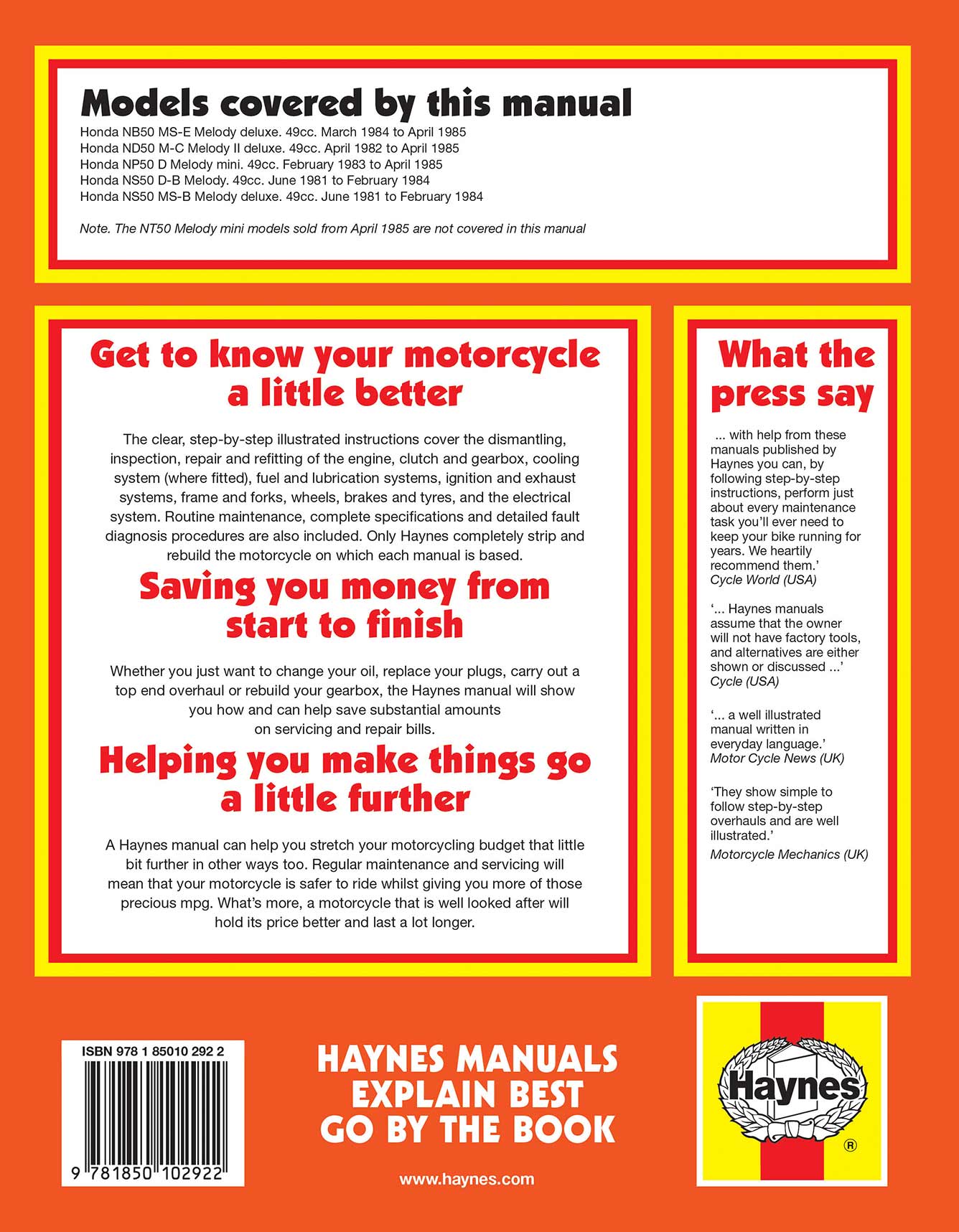 Honda NB, ND, NP & NS50 Melody (1981-1985) Haynes Repair Manual Printed Book Back Cover